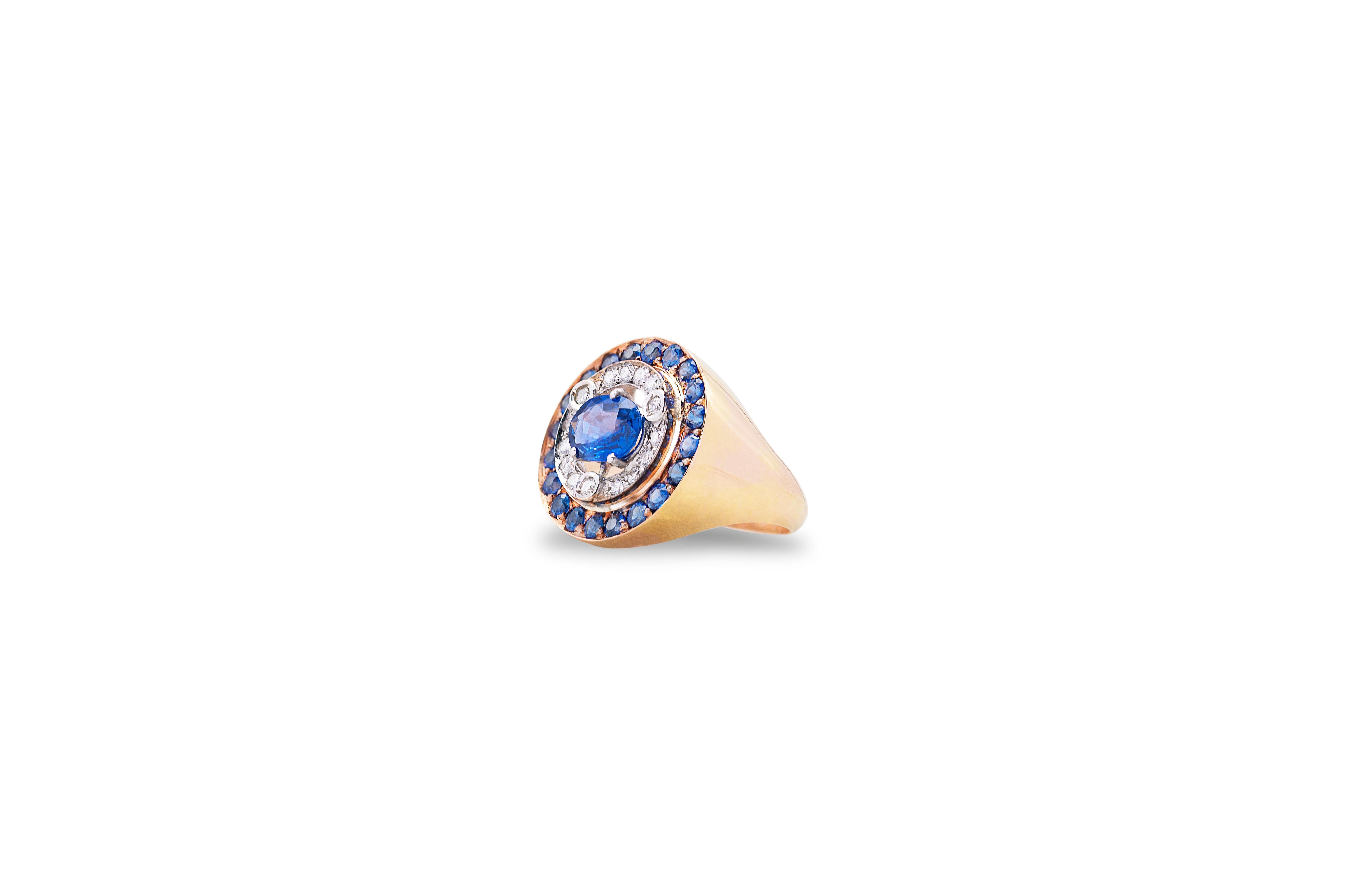 Modern Style 18 Carat Yellow Gold Cocktail White Diamonds Sapphires Design Ring For Sale 3