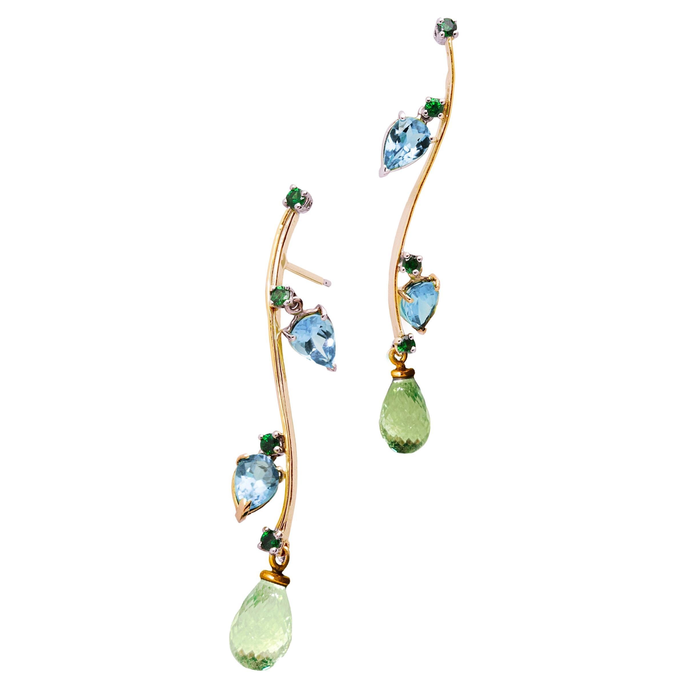 Moderne Boucles d'oreilles en gouttes de style moderne en or jaune 18 carats avec tourmaline bleue et topaze en vente