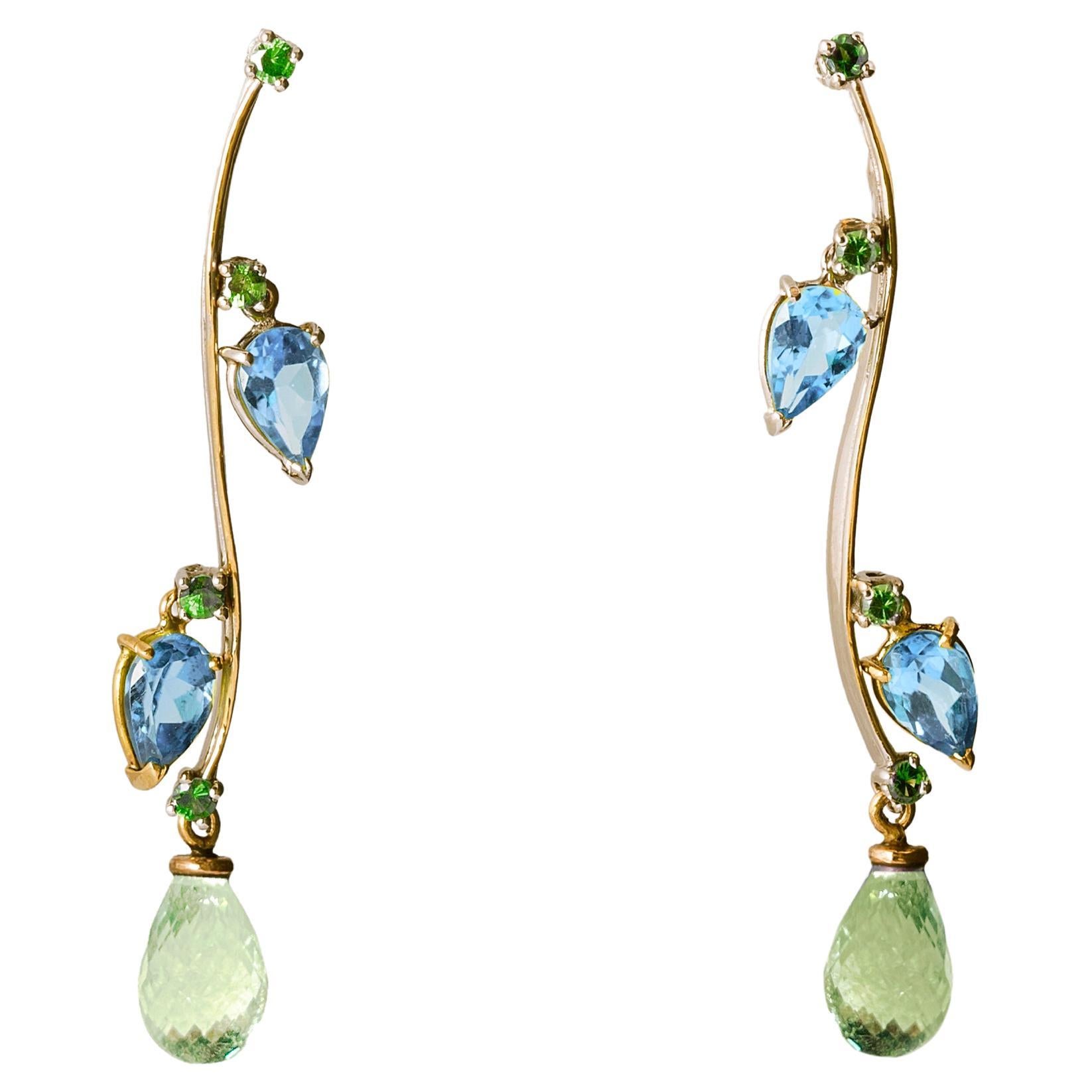 Boucles d'oreilles en gouttes de style moderne en or jaune 18 carats avec tourmaline bleue et topaze