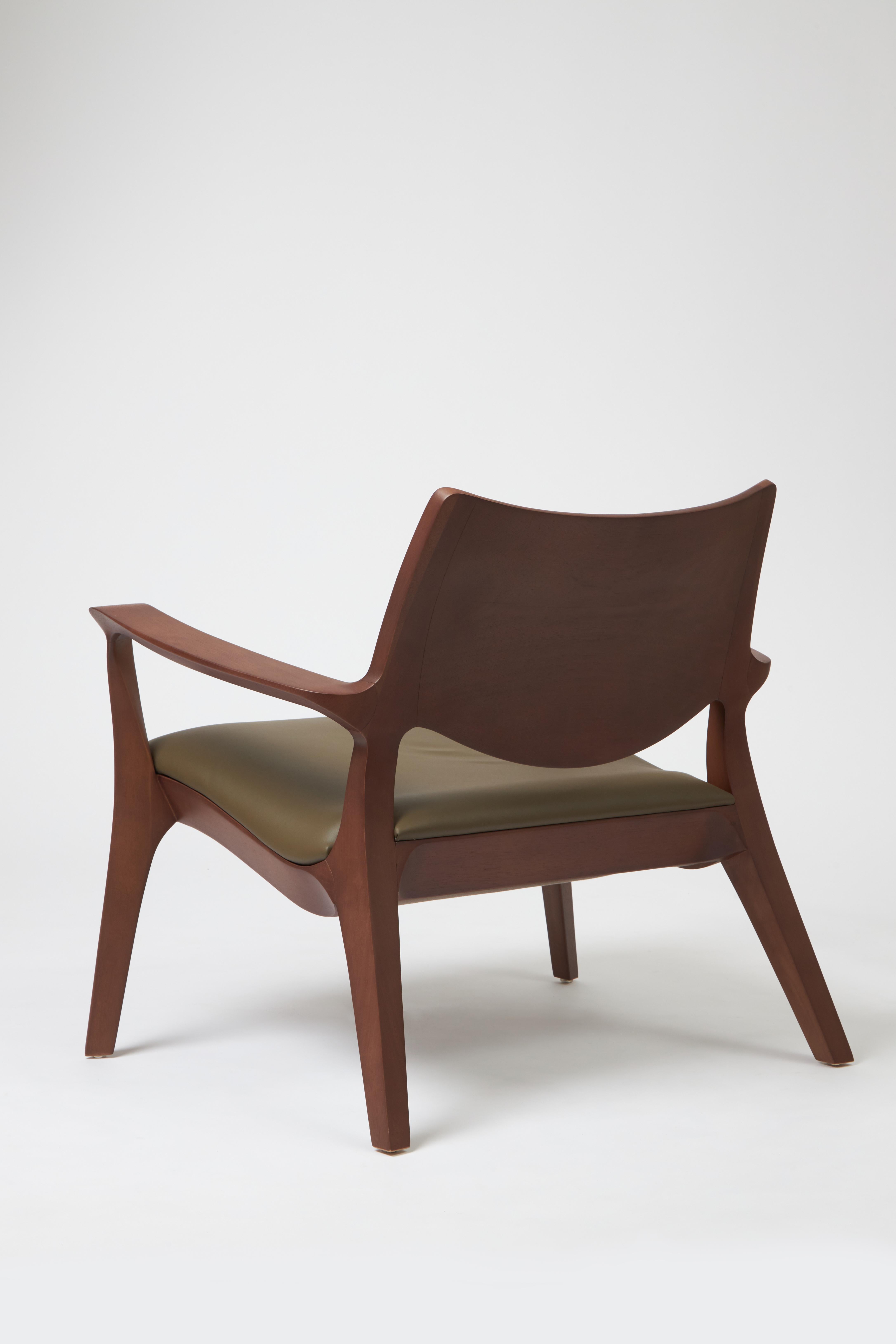 Brazilian Modern Style Aurora armchair Sculpted in solid walnut finish, leather seating  For Sale
