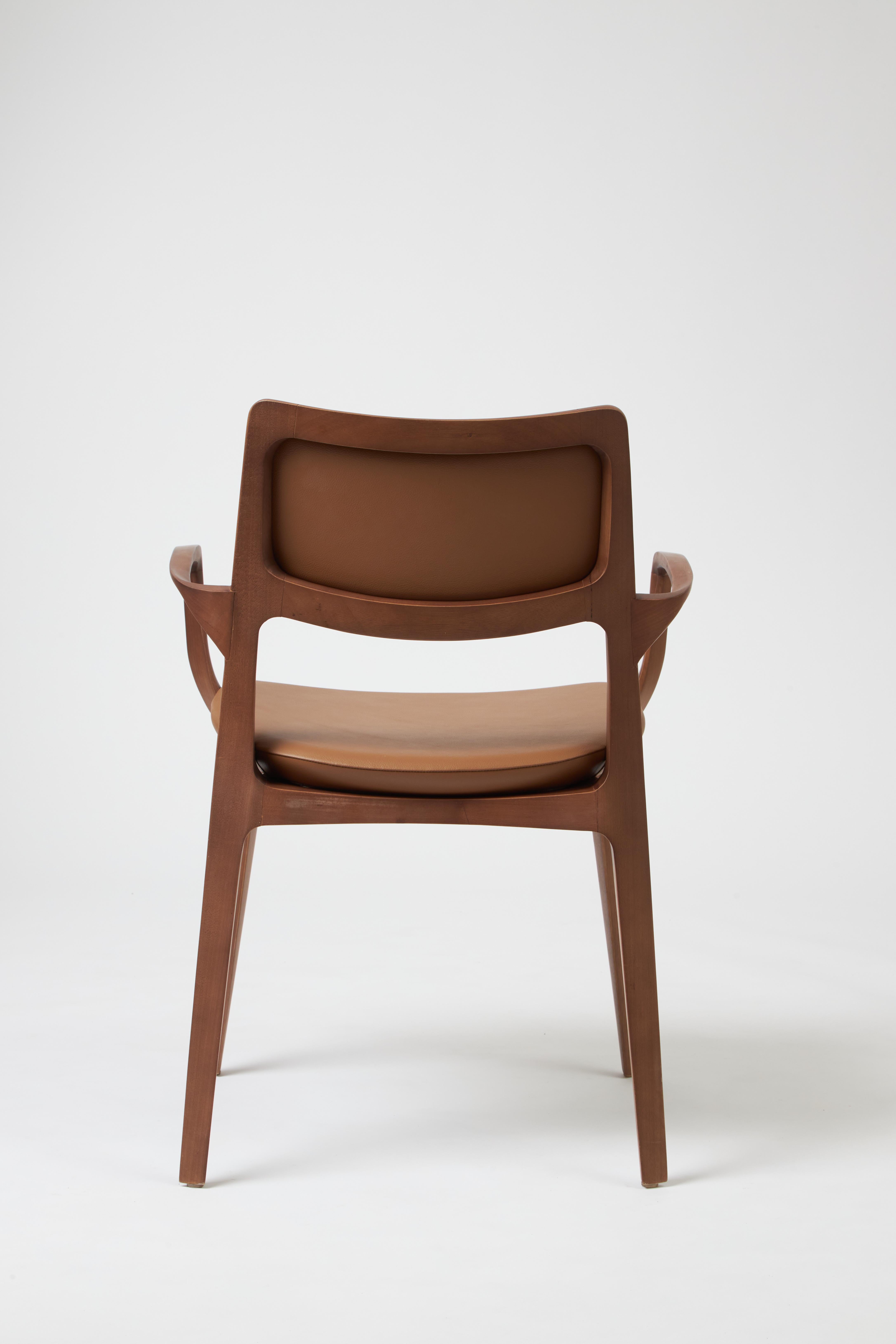 Brazilian Modern Style Aurora Chair Sculpted in Walnut Finish Arms, leather back & seating For Sale
