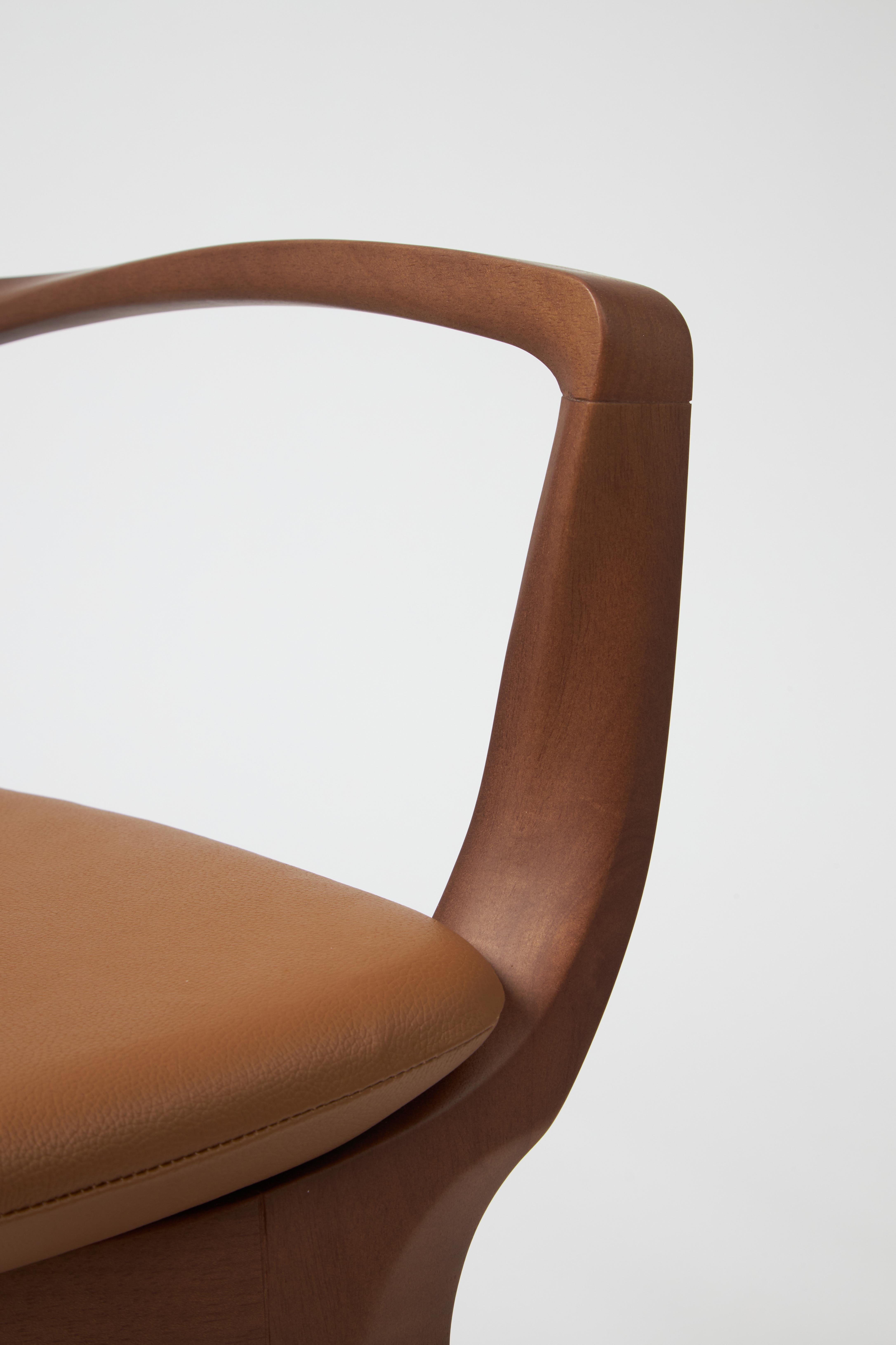 Contemporary Modern Style Aurora Chair Sculpted in Walnut Finish Arms, leather back & seating For Sale