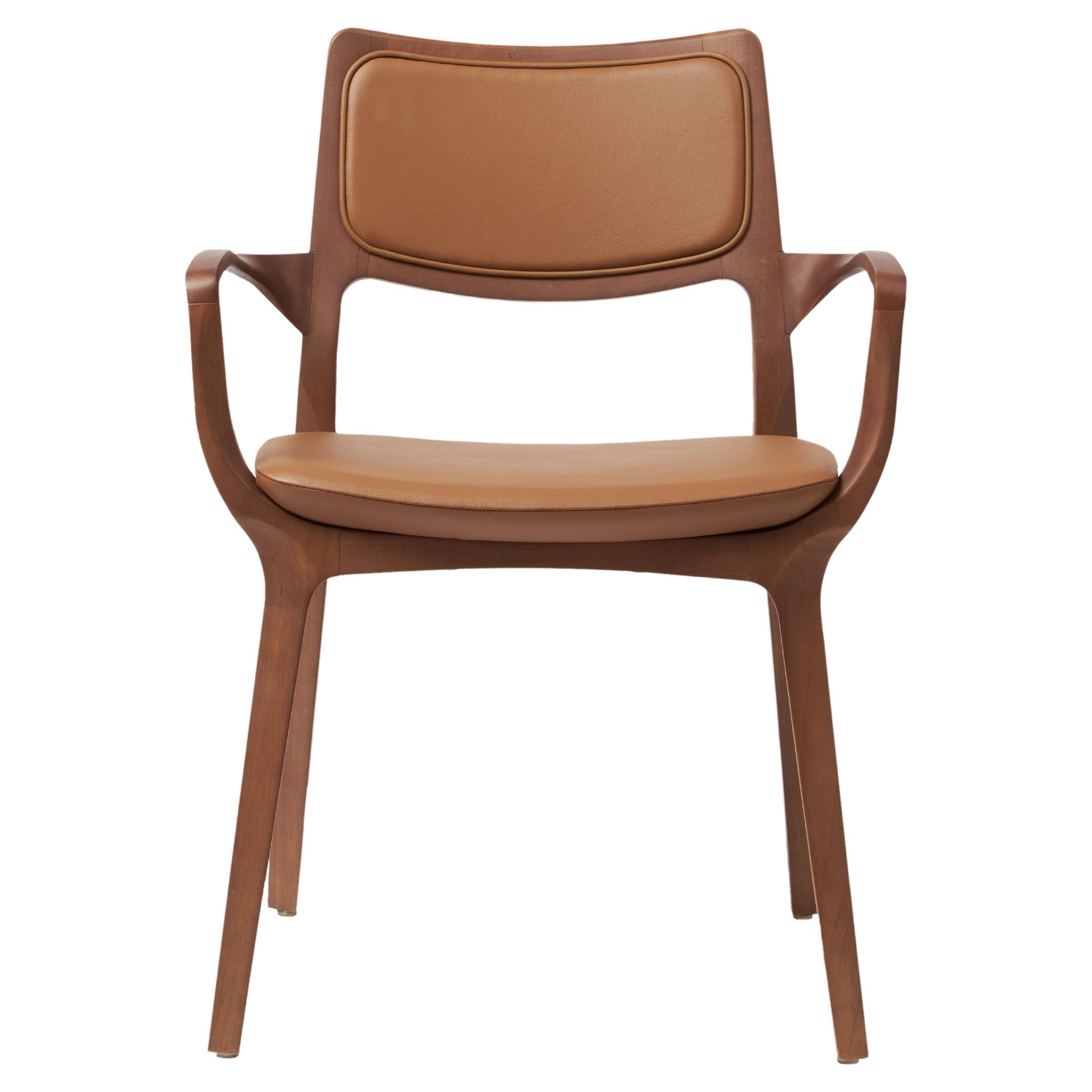 Modern Style Aurora Chair Sculpted in Walnut Finish Arms, leather back & seating For Sale