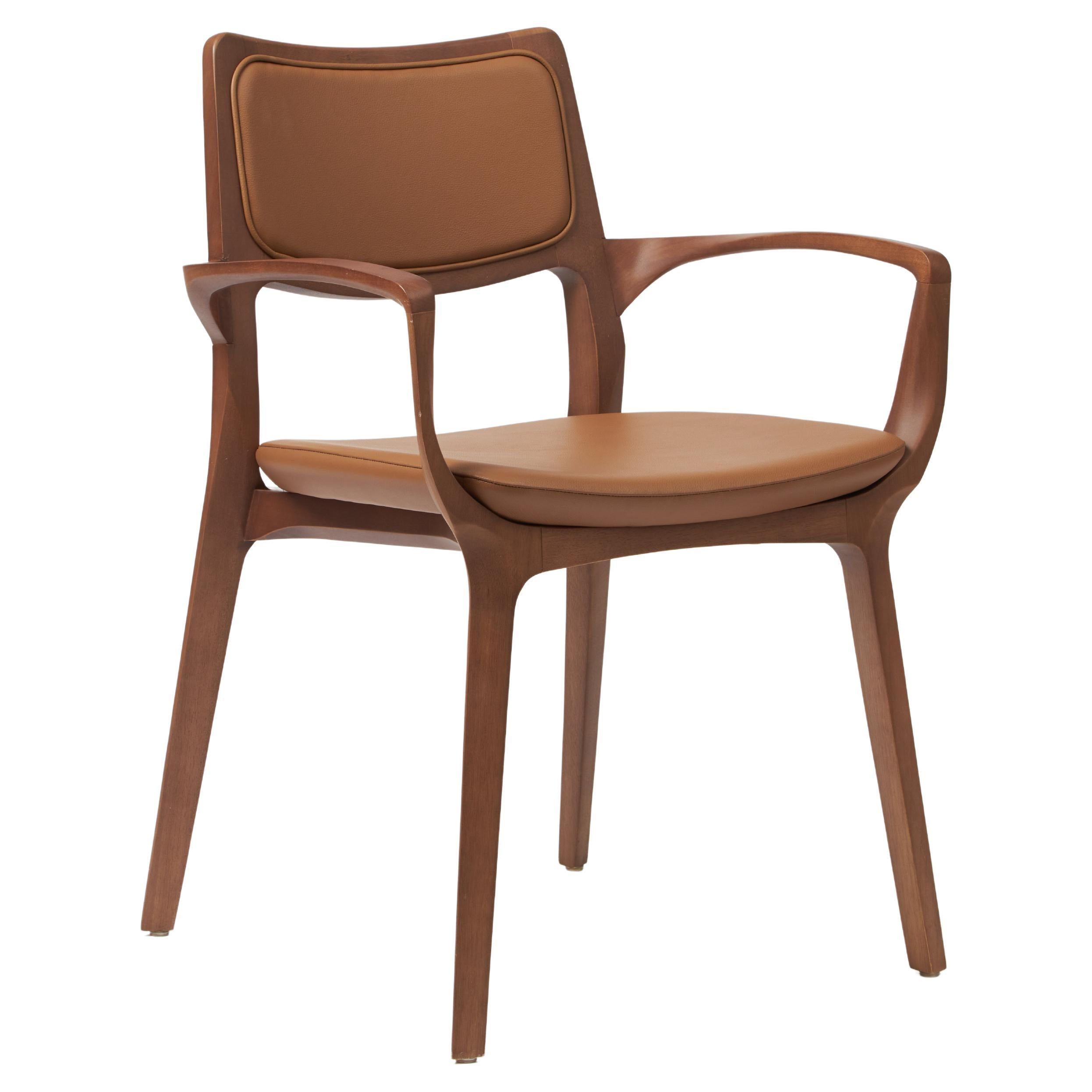 Modern Style Aurora Chair Sculpted in Walnut Finish Arms, leather back & seating For Sale