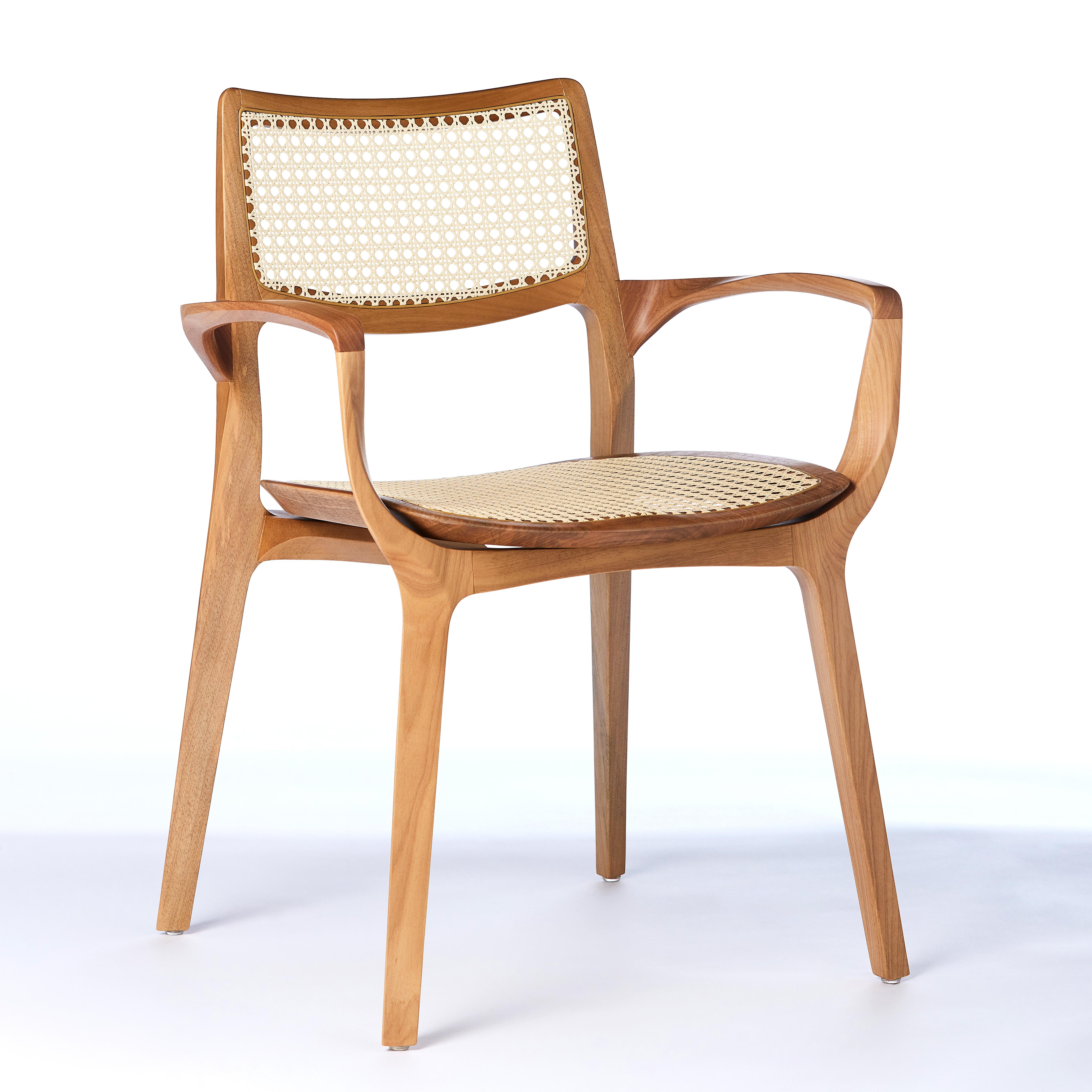 The Moderns Aurora Chair Sculptured in Walnut Finish Arms, leather seating, cane en vente 4