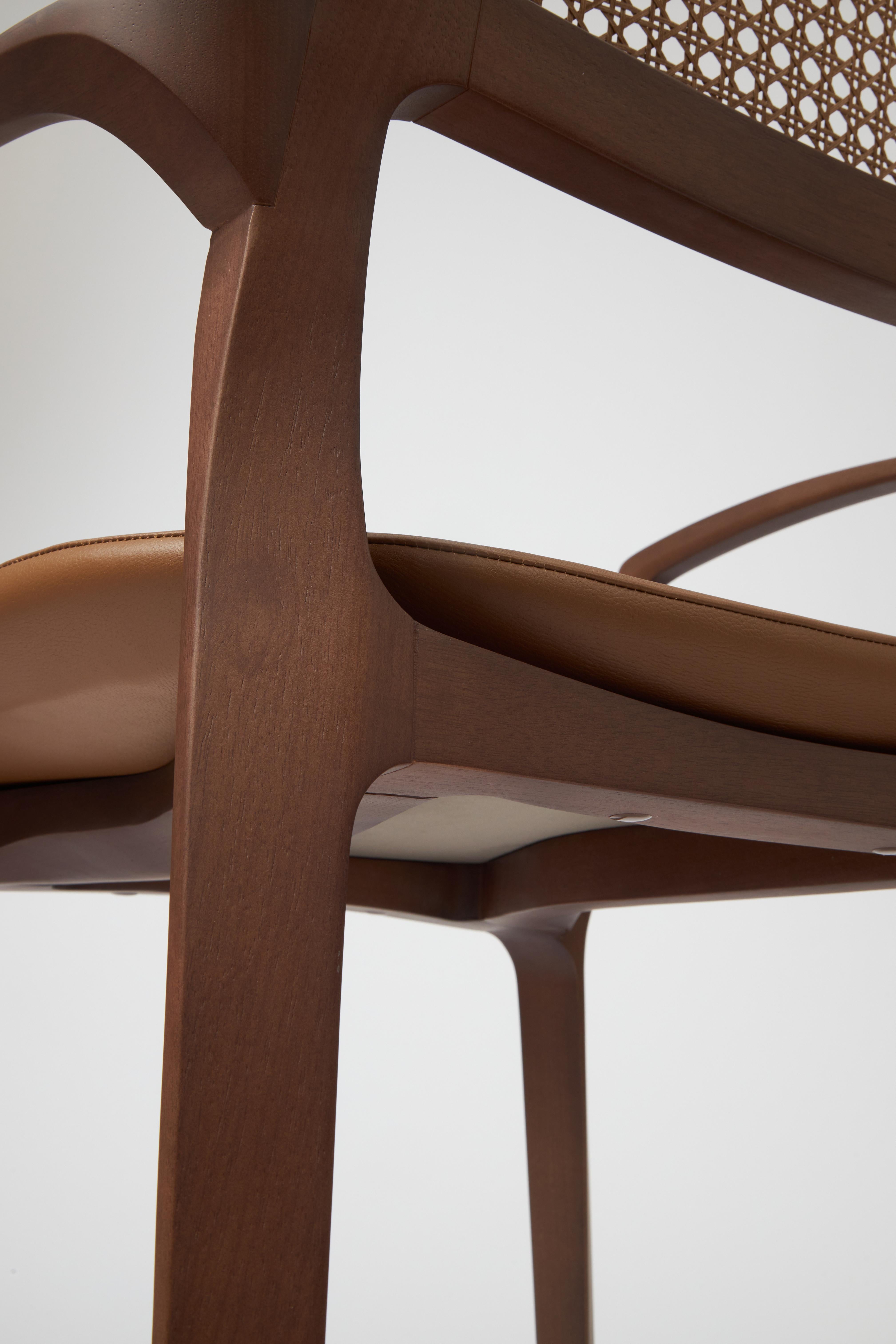 Cuir The Moderns Aurora Chair Sculptured in Walnut Finish Arms, leather seating, cane en vente
