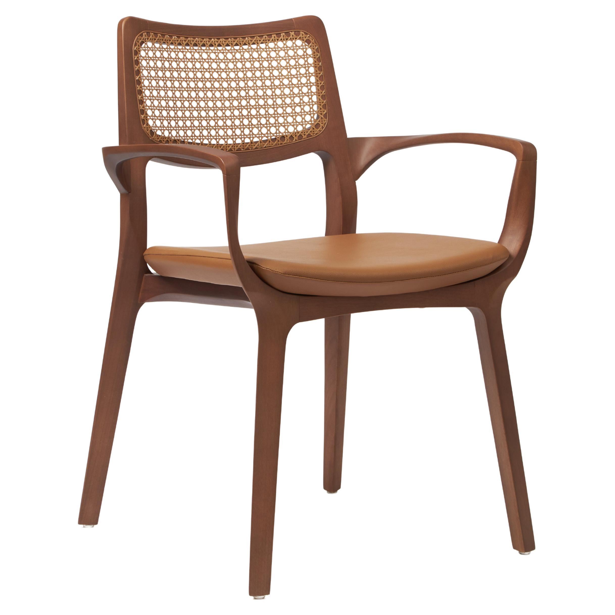 Modern Style Aurora Chair Sculpted in Walnut Finish Arms, leather seating, cane For Sale