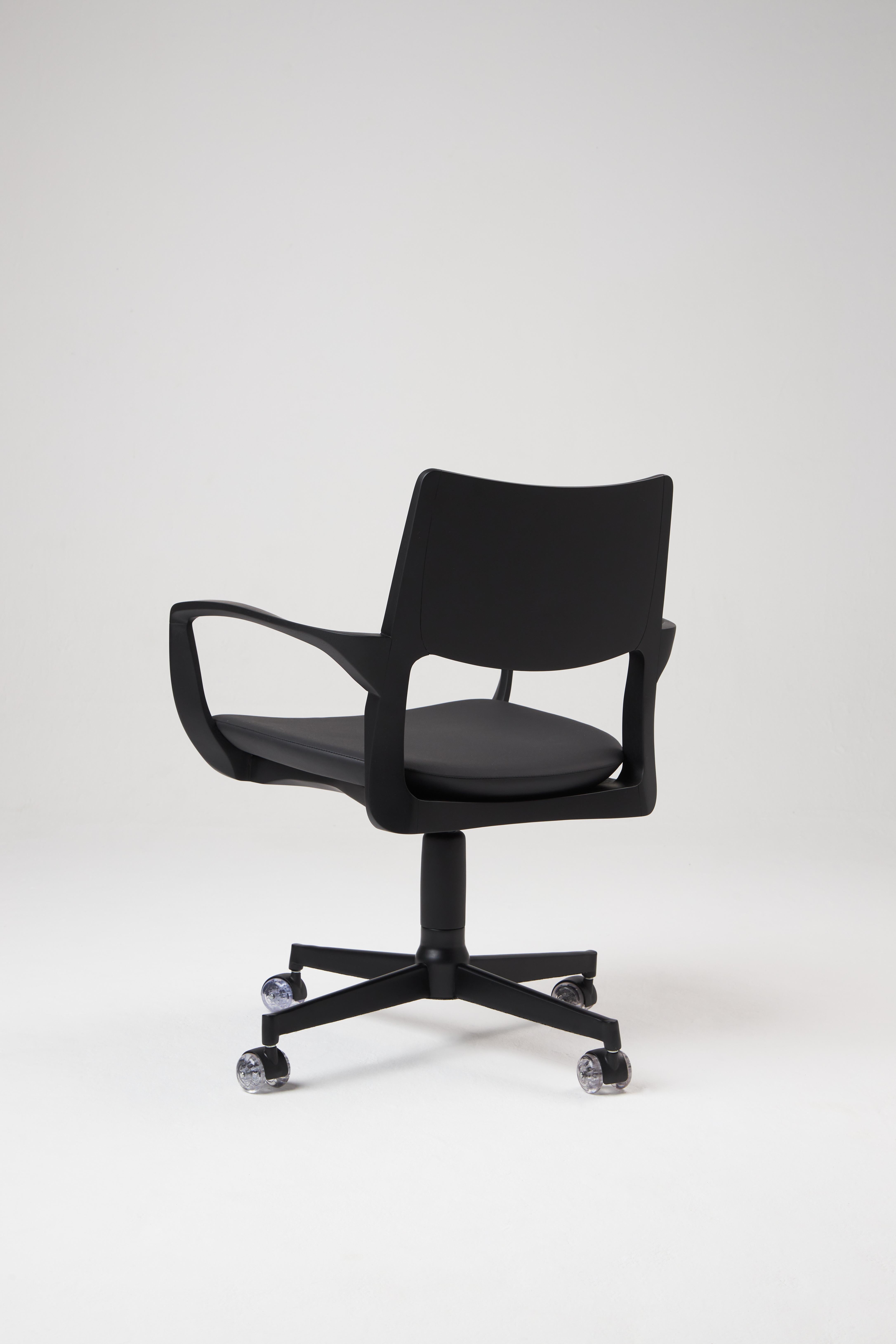 Post-Modern Modern Style Aurora office chair in black solid wood, solid back, leather seat For Sale