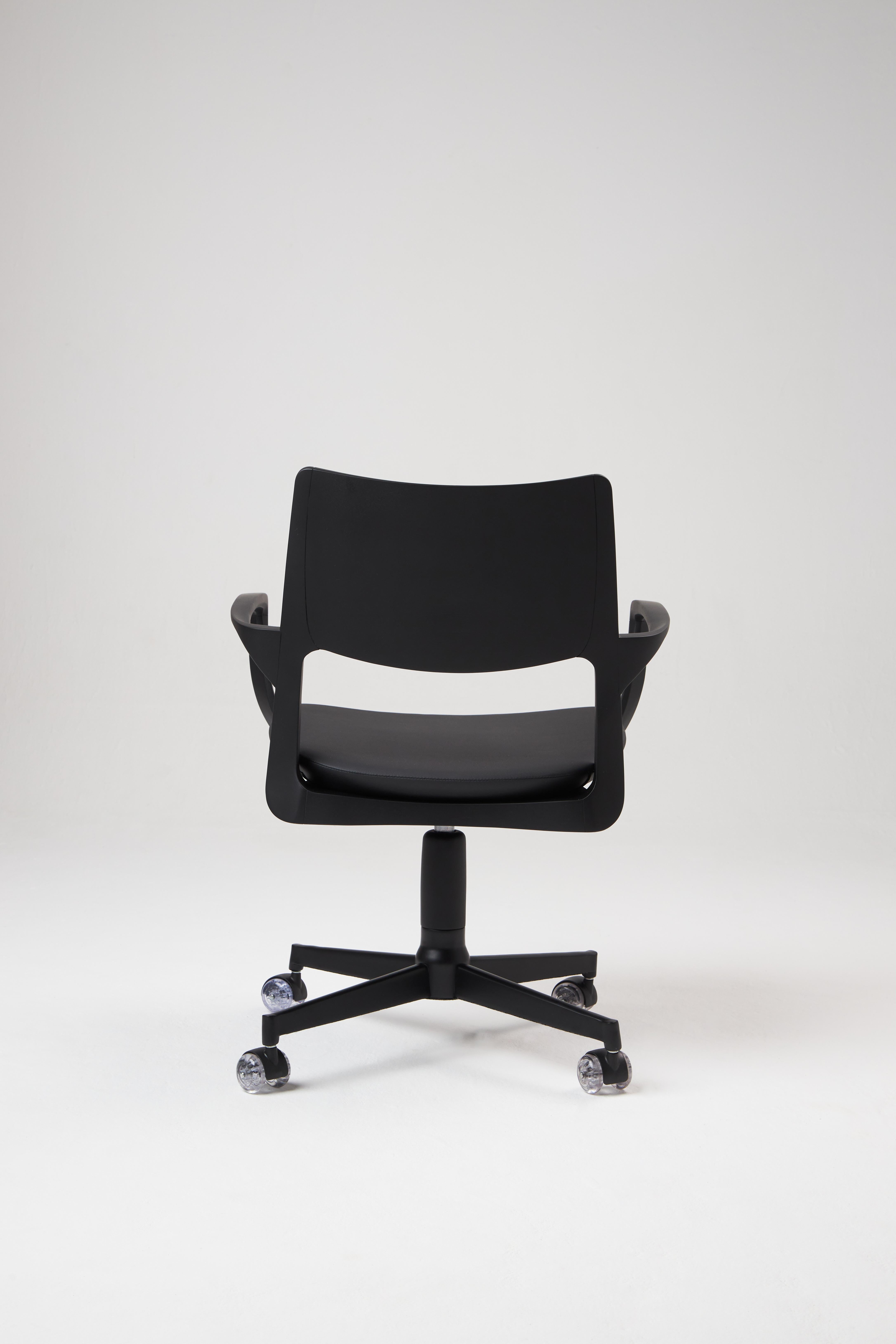 Caning Modern Style Aurora office chair in black solid wood, solid back, leather seat For Sale