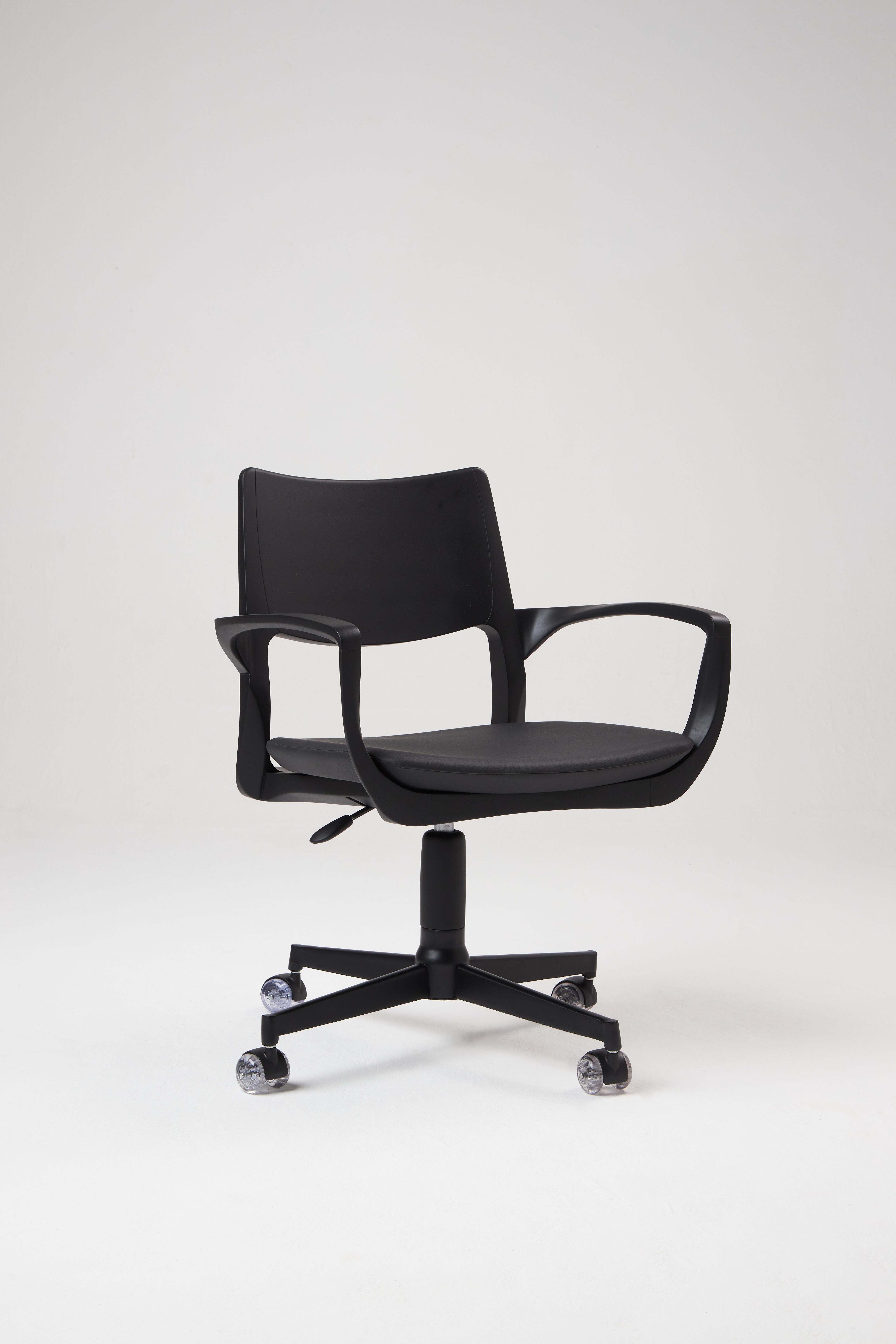 Leather Modern Style Aurora office chair in black solid wood, solid back, leather seat For Sale