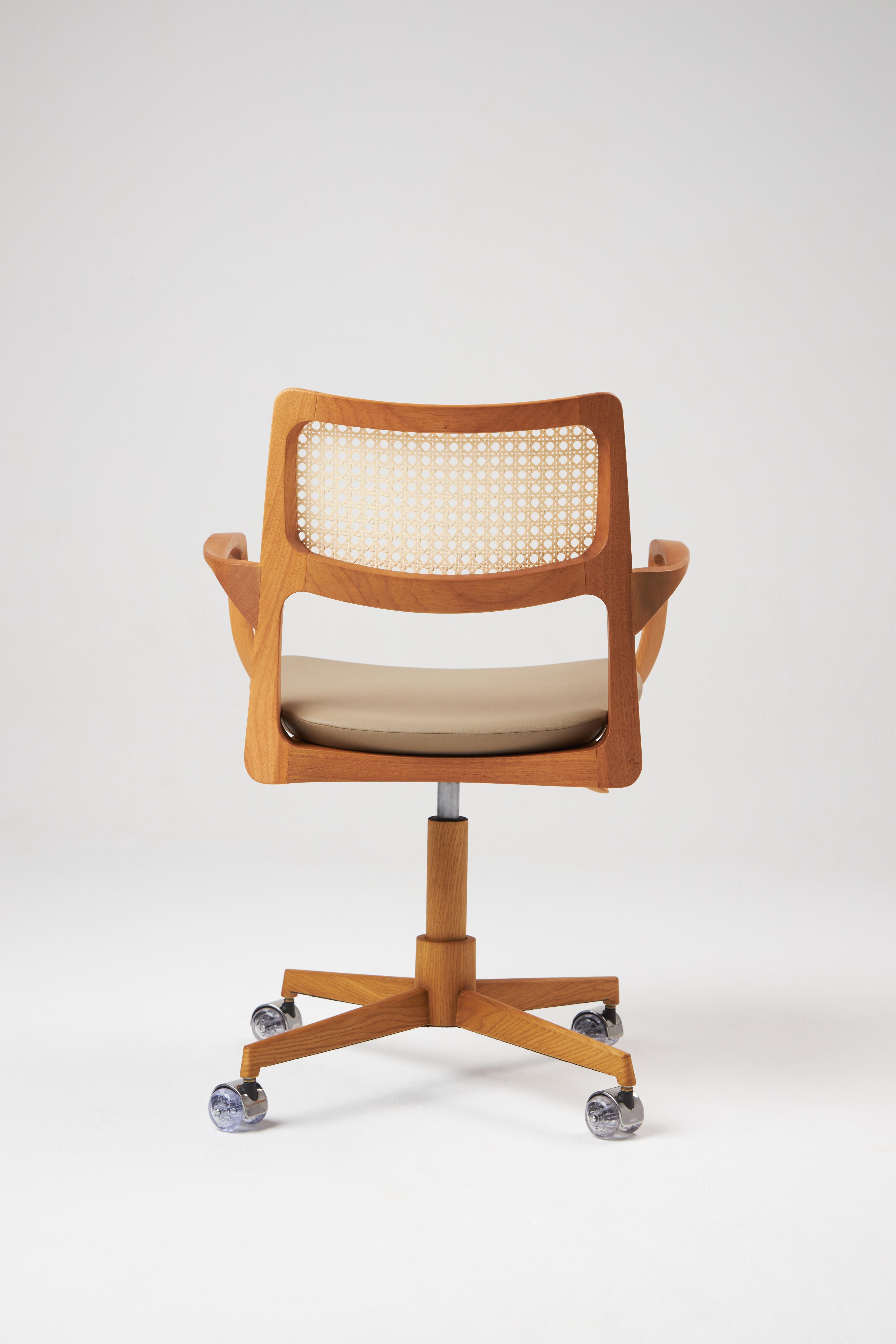 Post-Modern Modern Style Aurora office chair in solid wood, caning back, leather seat For Sale