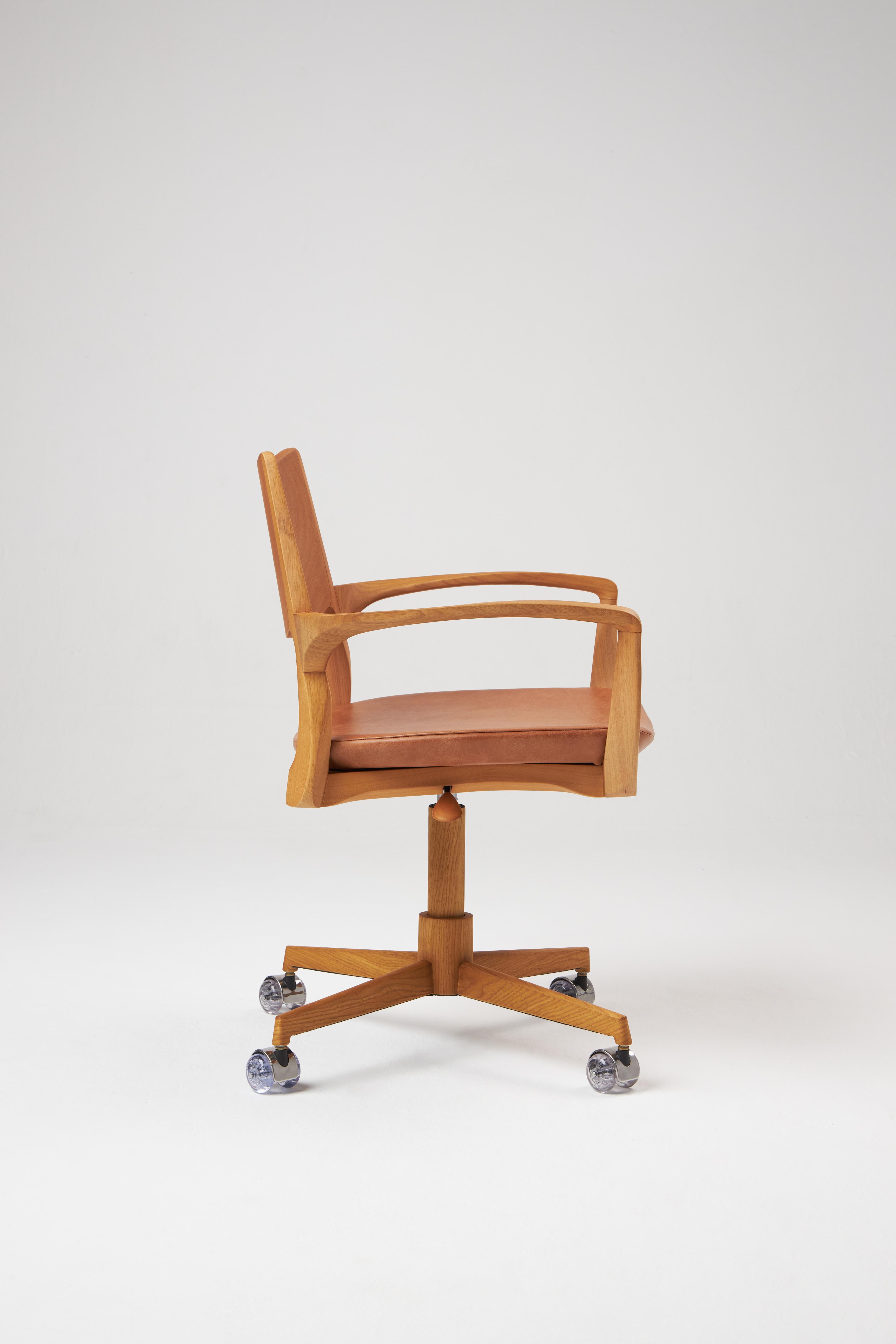 Post-Modern Modern Style Aurora office chair in solid wood, solid wood back, leather seat For Sale