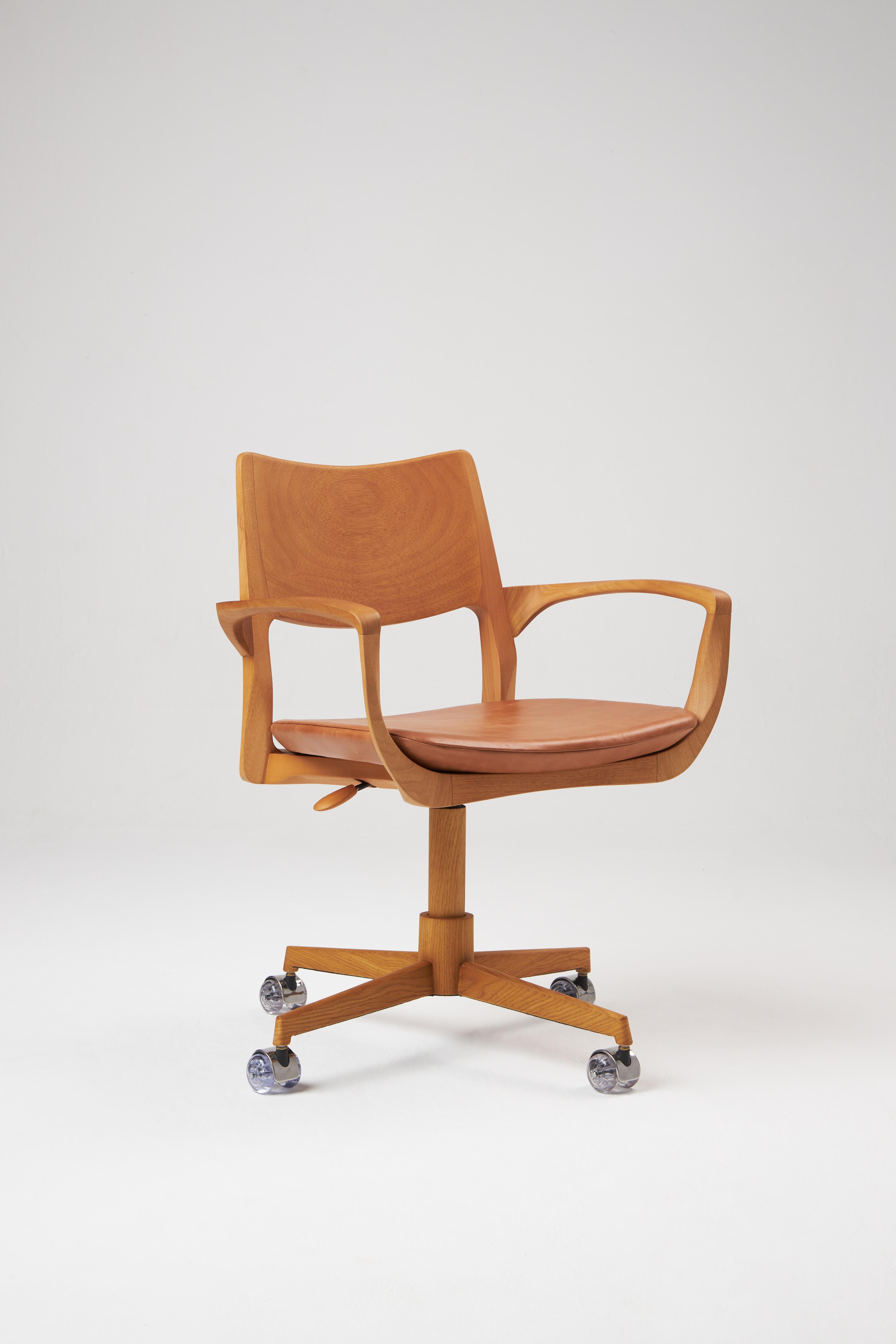 Contemporary Modern Style Aurora office chair in solid wood, solid wood back, leather seat For Sale