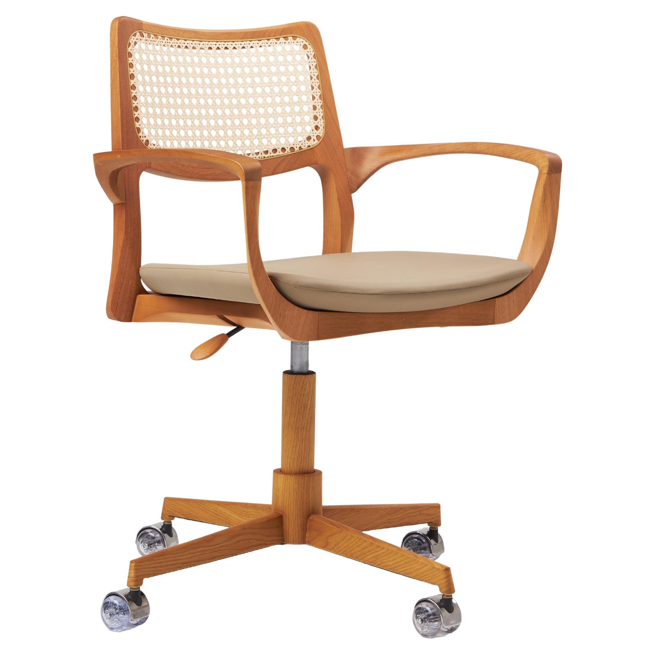Modern Style Aurora office chair in solid wood, caning back, leather seat