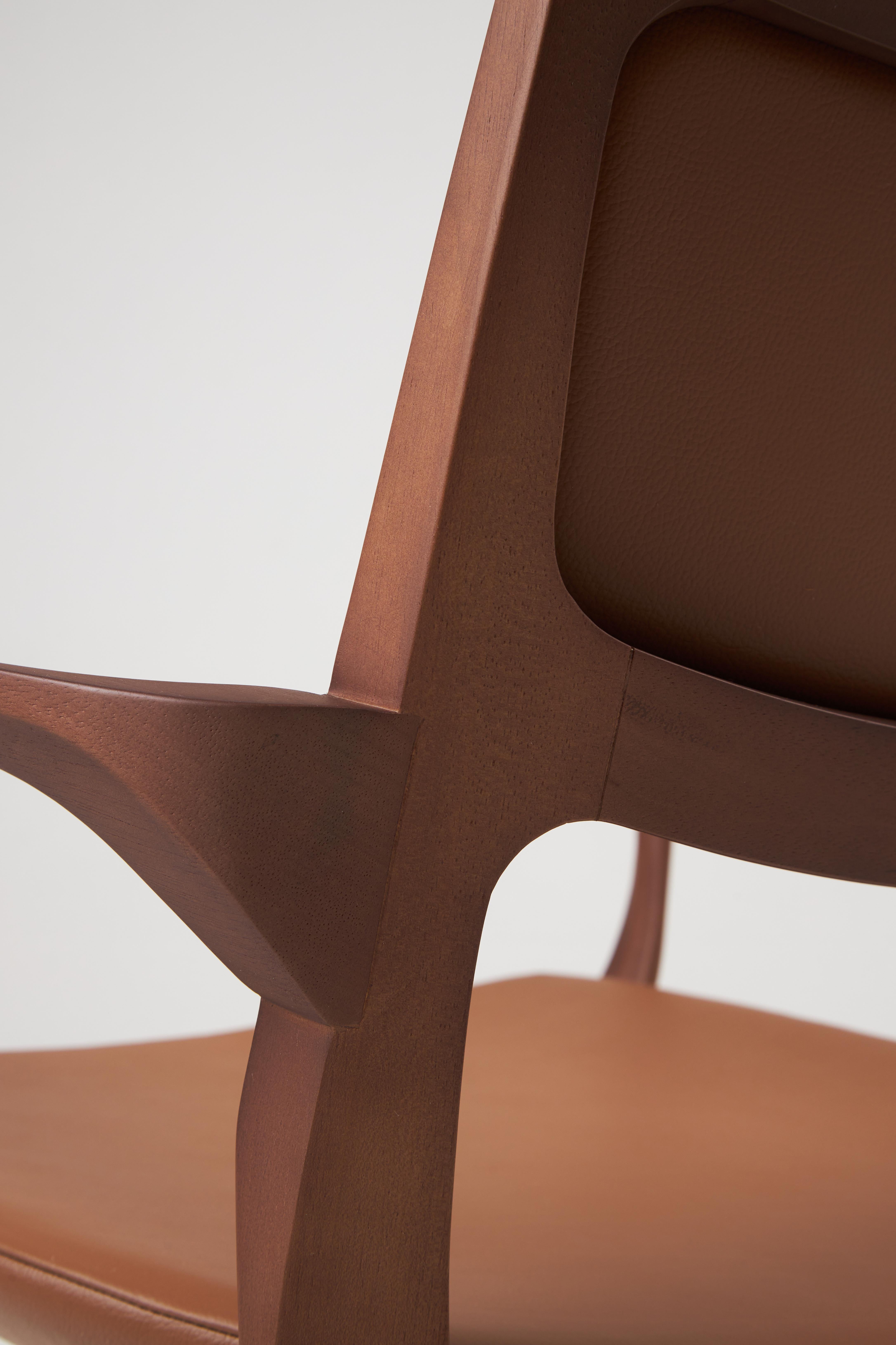 Modern Style Aurora office chair in solid wood, upholstery back, leather seat For Sale 3