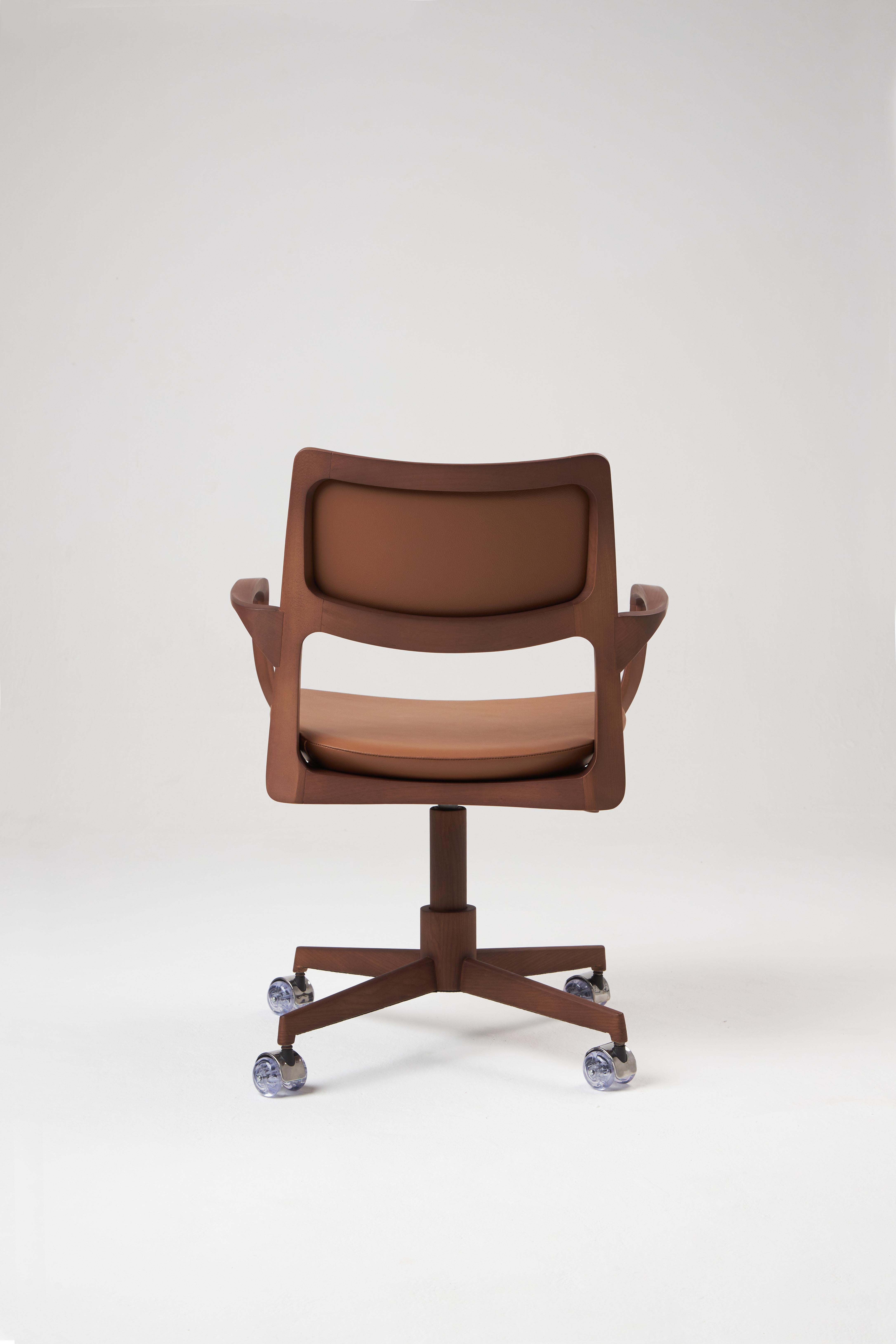 Post-Modern Modern Style Aurora office chair in solid wood, upholstery back, leather seat For Sale