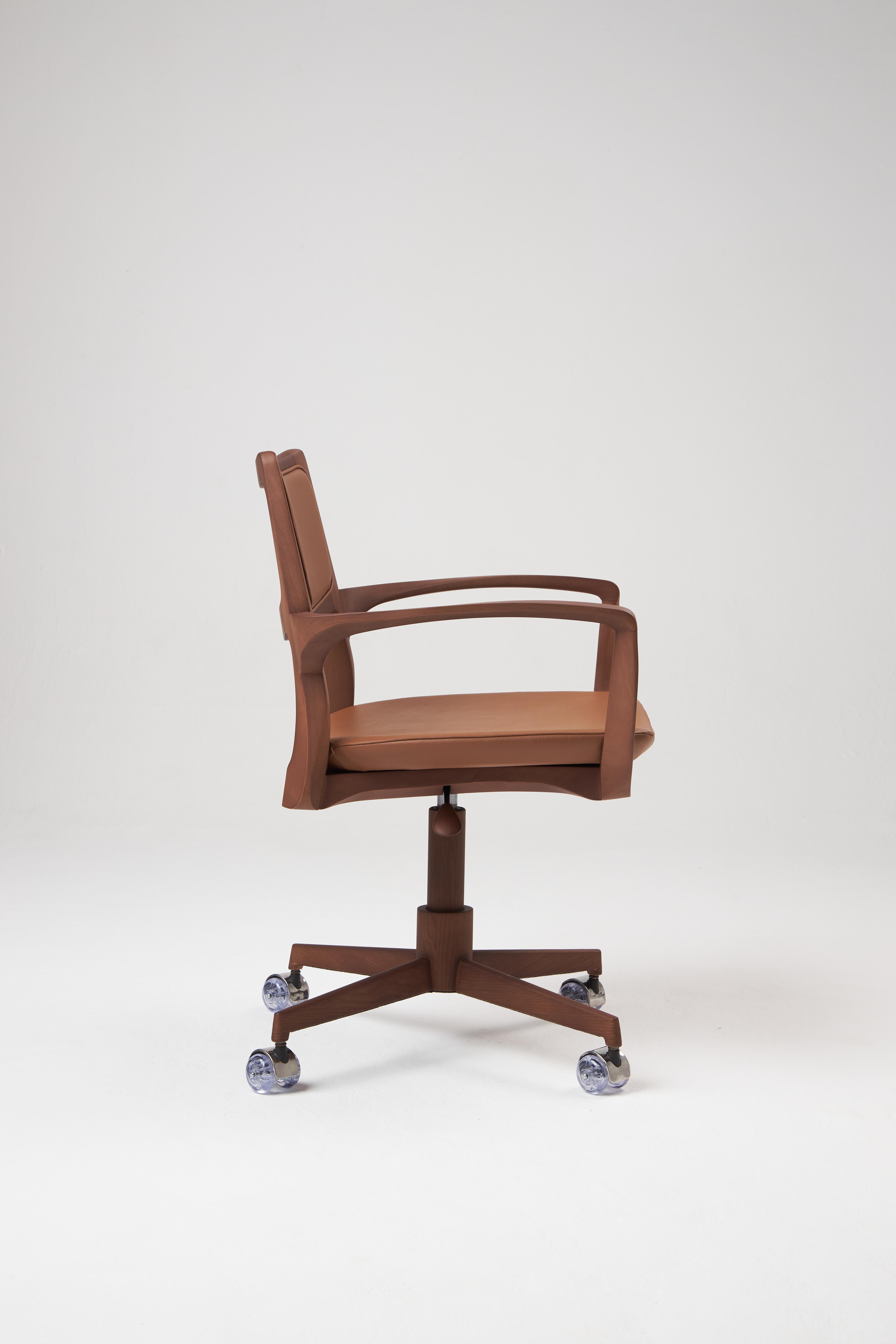 Brazilian Modern Style Aurora office chair in solid wood, upholstery back, leather seat For Sale