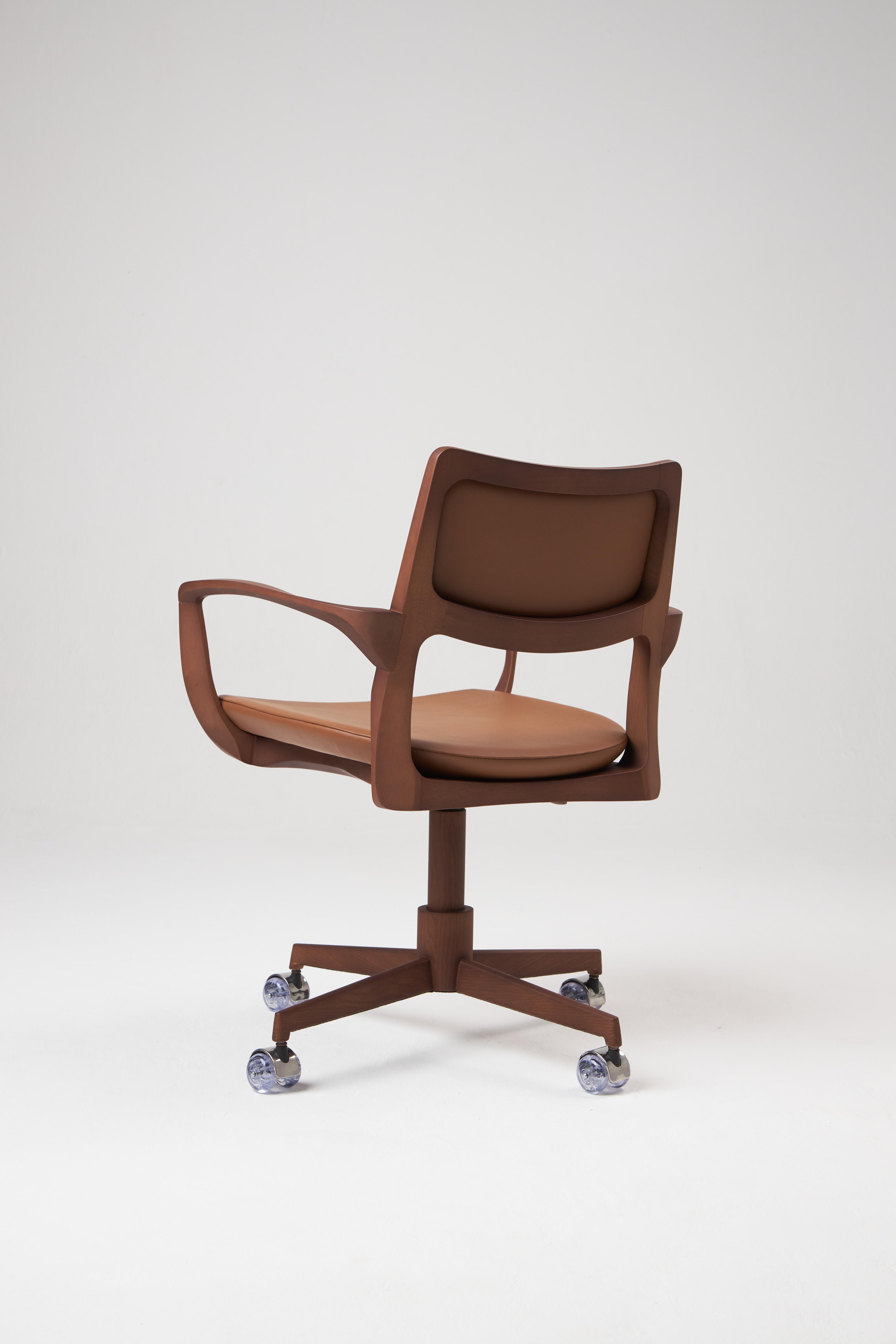 Caning Modern Style Aurora office chair in solid wood, upholstery back, leather seat For Sale