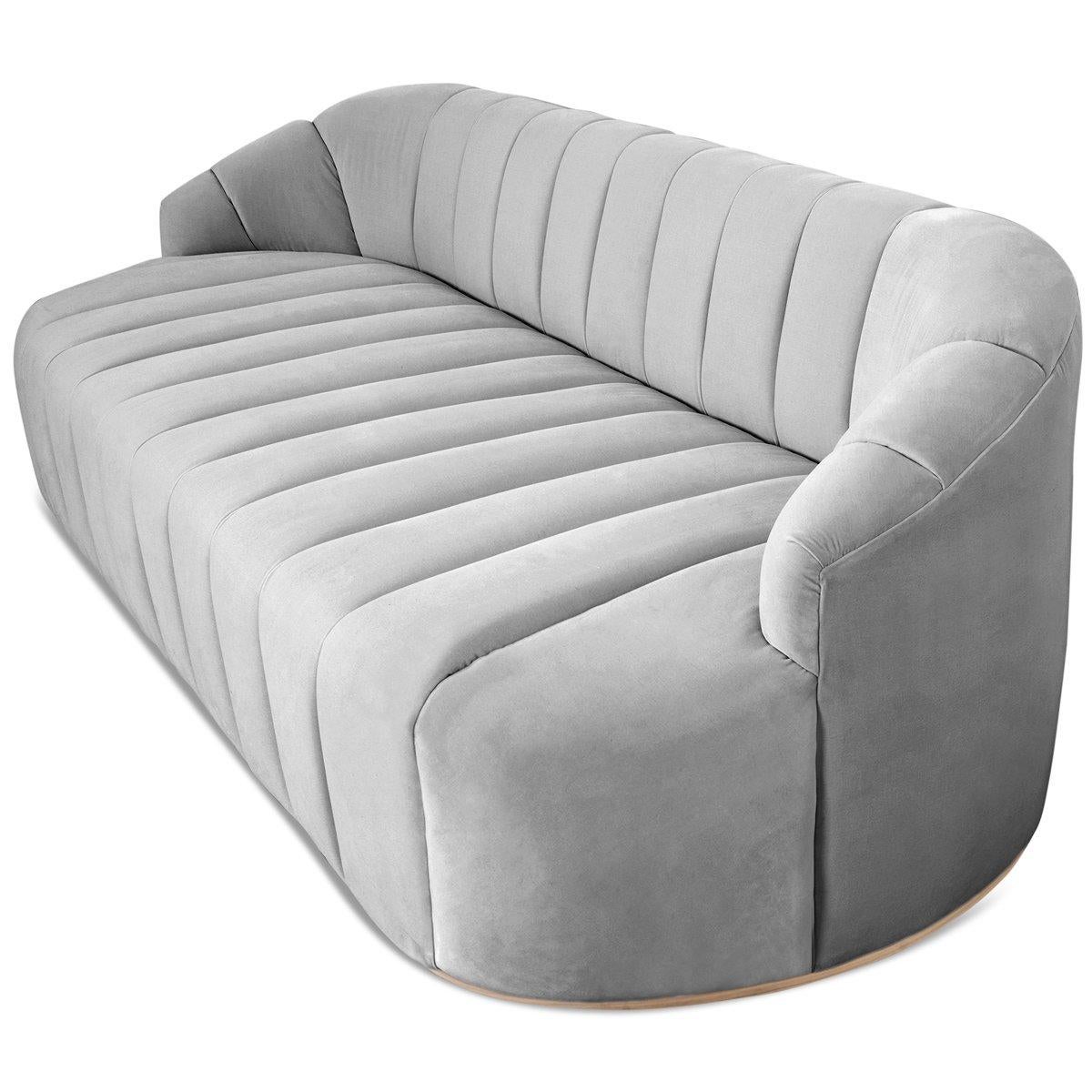 Contemporary Modern Style Avalon Sofa with Channel Tufting in Velvet with Slim Wood Toe Kick For Sale