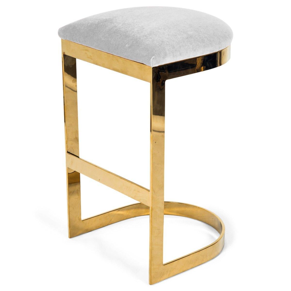 Modern Style Backless Bar Stool in Velvet with a Polished Solid Brass Frame For Sale 3