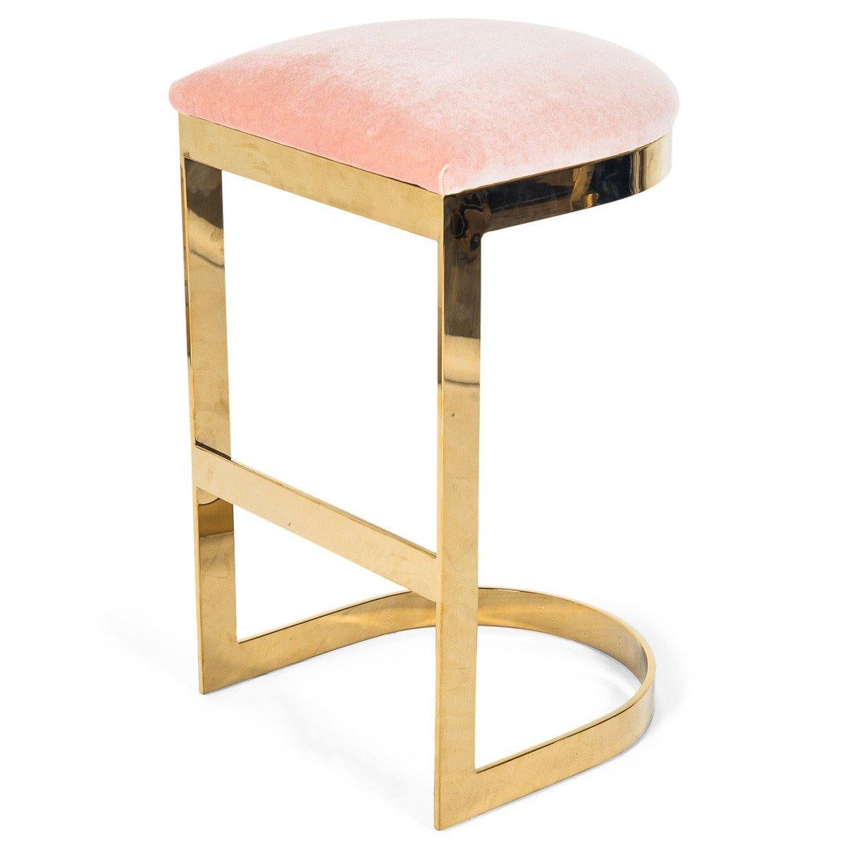 Modern Style Backless Bar Stool in Velvet with a Polished Solid Brass Frame For Sale 5