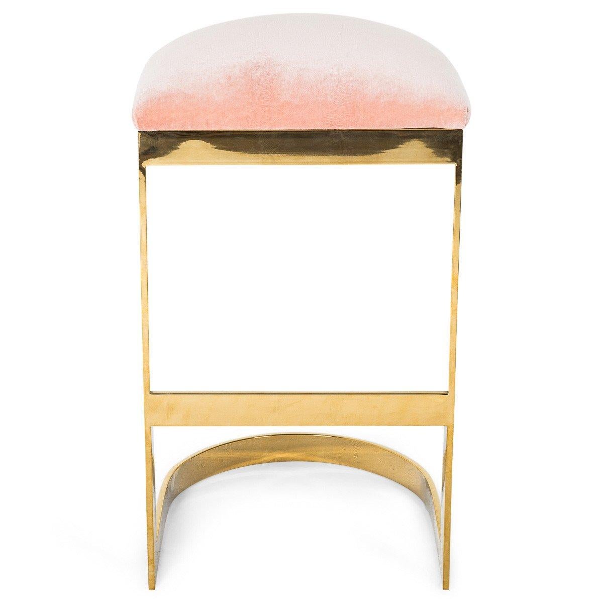 Modern Style Backless Bar Stool in Velvet with a Polished Solid Brass Frame For Sale 6