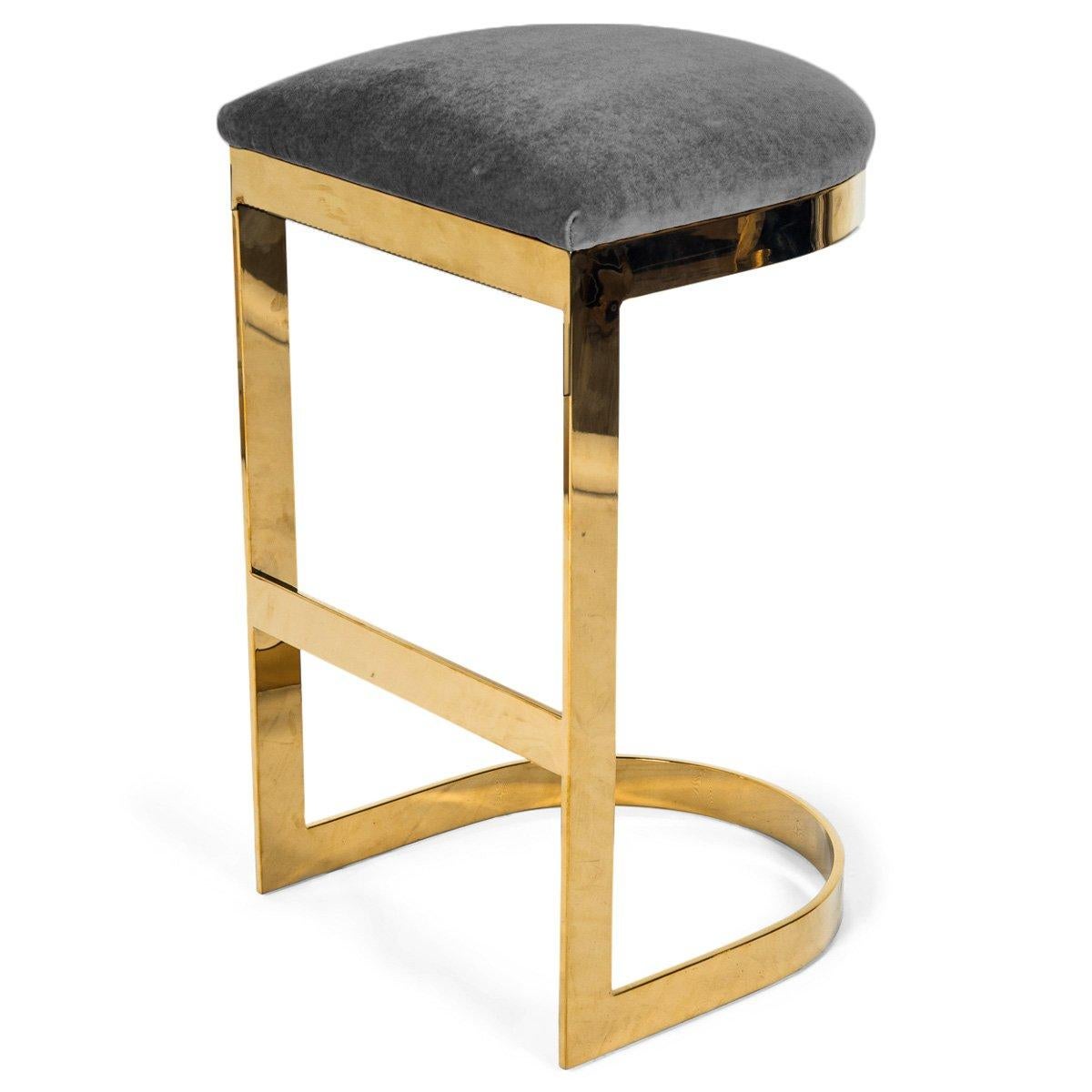 Modern Style Backless Bar Stool in Velvet with a Polished Solid Brass Frame For Sale 12