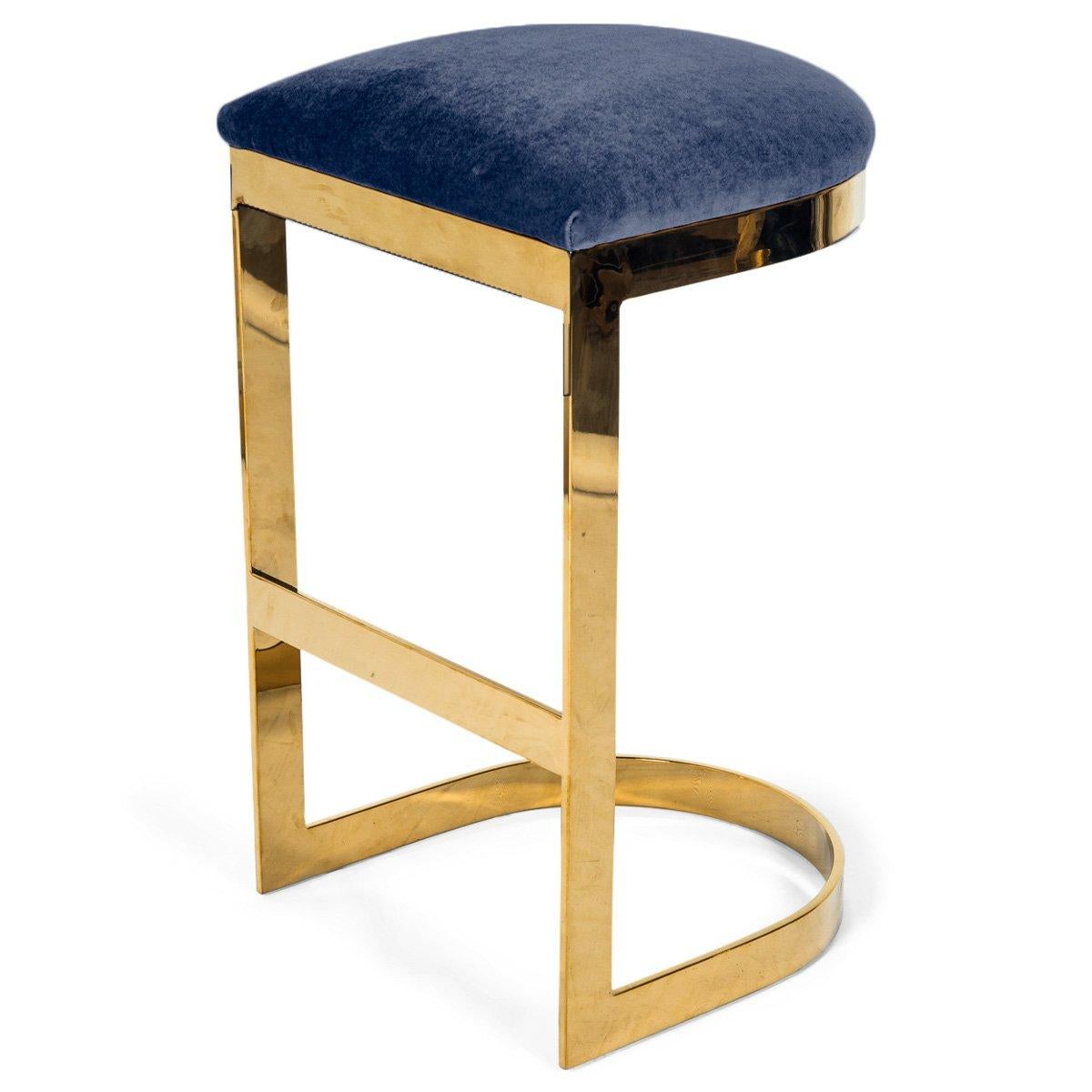 Chinese Modern Style Backless Bar Stool in Velvet with a Polished Solid Brass Frame For Sale
