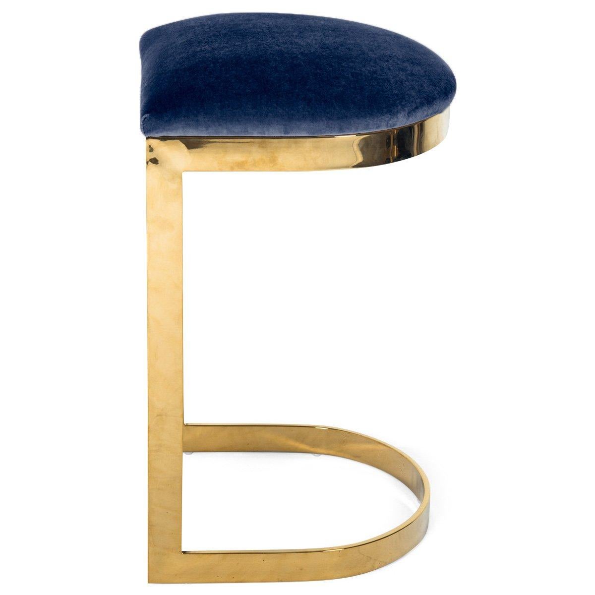 Modern Style Backless Bar Stool in Velvet with a Polished Solid Brass Frame For Sale 1