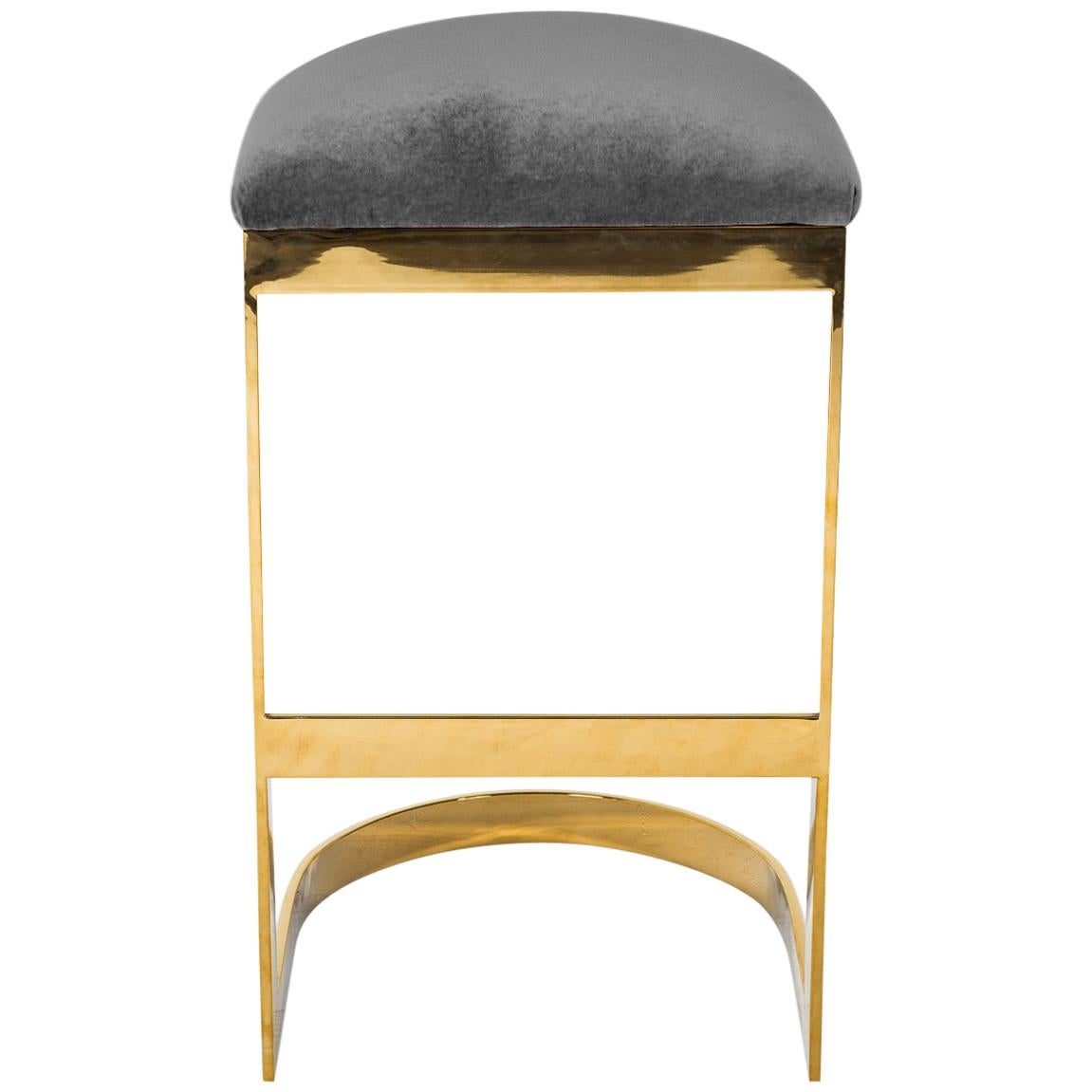 Modern Style Backless Bar Stool in Velvet with a Polished Solid Brass Frame