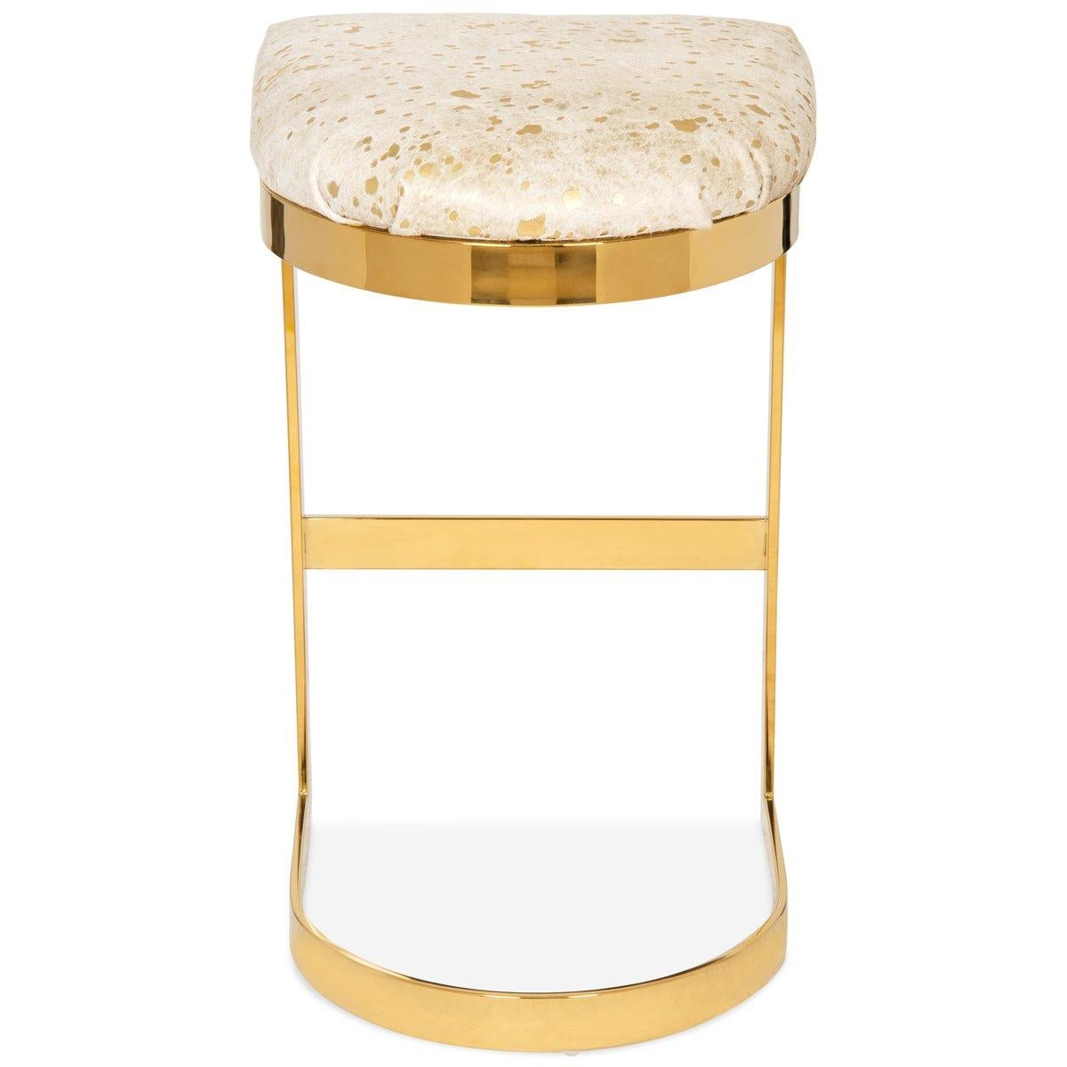 Similar in design to our Ibiza dining chair, except this stool is completely backless. Sitting atop of a brass curved base and featuring a rounded seat cushion adding comfort and style to your entertaining space. What an elegant way to have meals