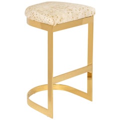 Modern Style Backless Counter or Bar Stool in Cowhide and Polished Brass Frame
