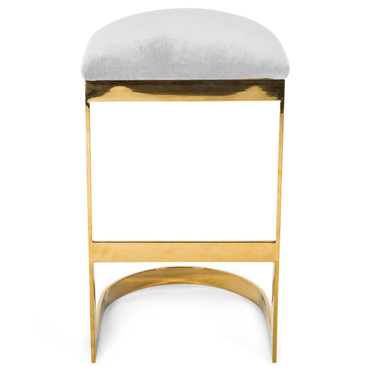 Modern Style Backless Counter Stool in Velvet with a Polished Solid Brass Frame For Sale 2