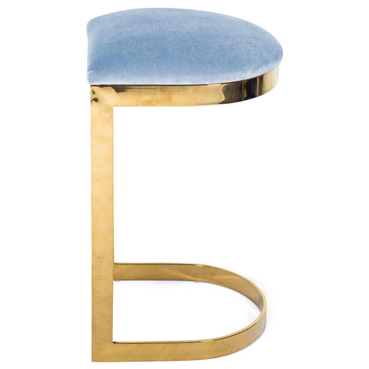Tabouret de comptoir sans dossier de style moderne en velours avec un cadre en laiton massif poli en vente 11