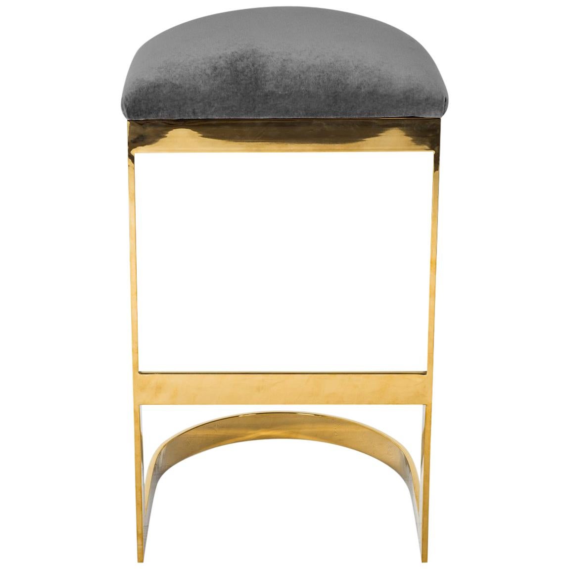 Modern Style Backless Counter Stool in Velvet with a Polished Solid Brass Frame