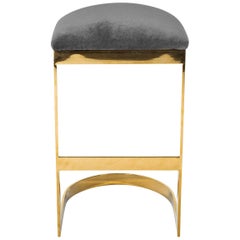 Modern Style Backless Counter Stool in Velvet with a Polished Solid Brass Frame