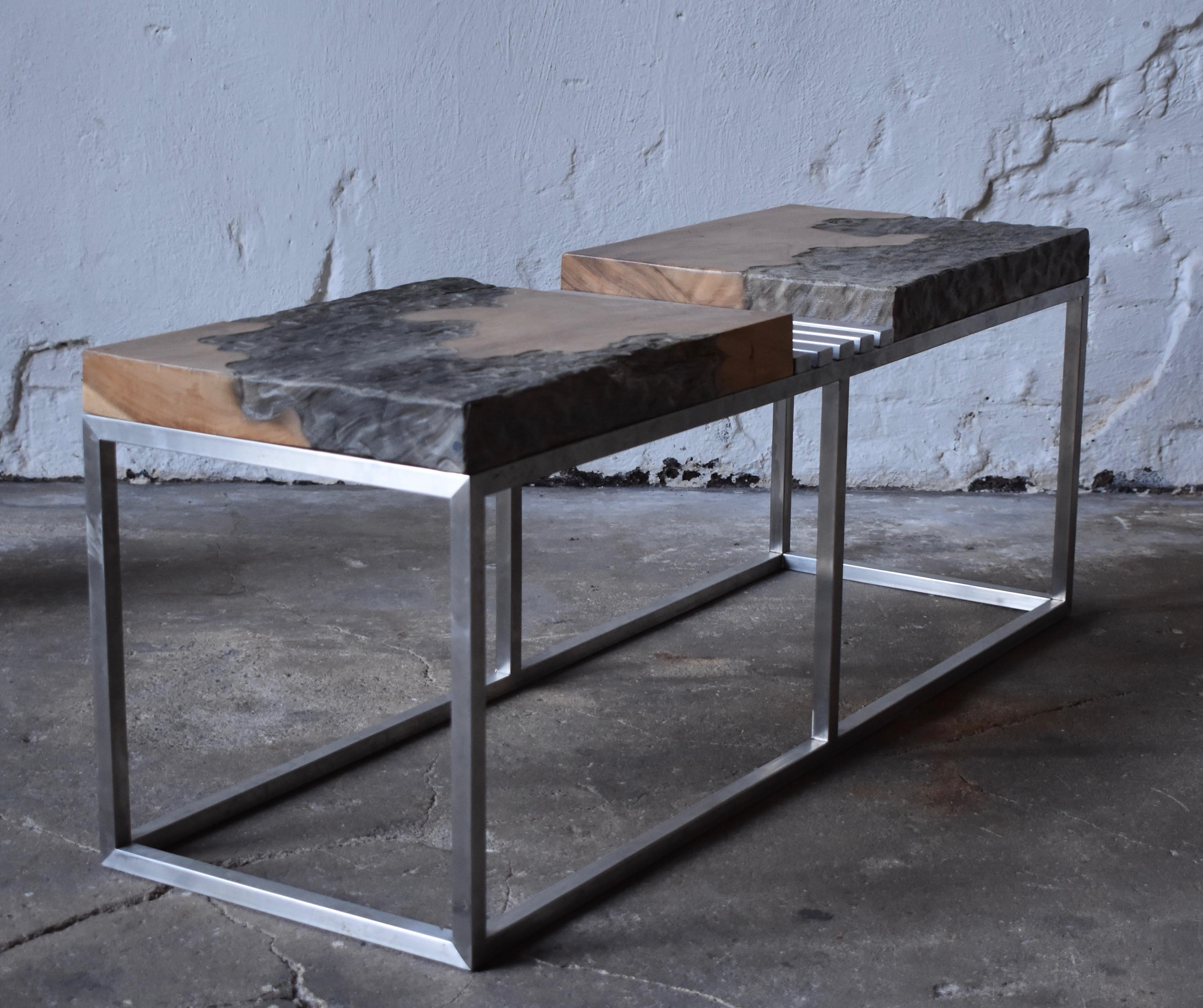 Hand-Carved Modern Style Bench in Painted Wood and Stainless Steel by R+R Sweden Design For Sale