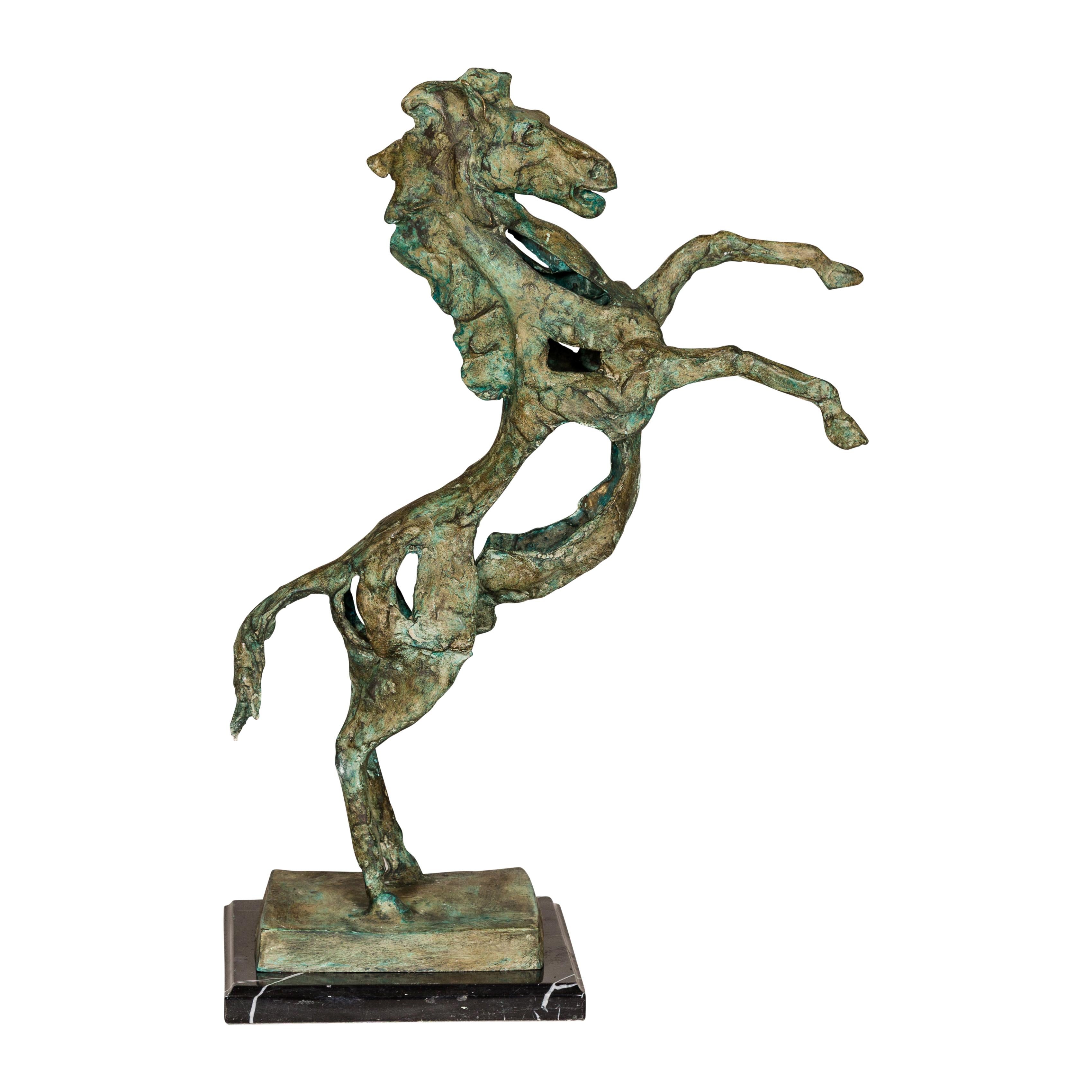 Modern Style Bronze Tabletop Sculpture of a Rearing Horse on Black Marble Base For Sale 10