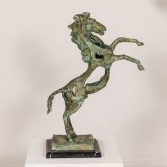 Modern Style Bronze Tabletop Sculpture of a Rearing Horse on Black Marble Base