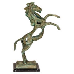 Modern Style Bronze Tabletop Sculpture of a Rearing Horse on Black Marble Base