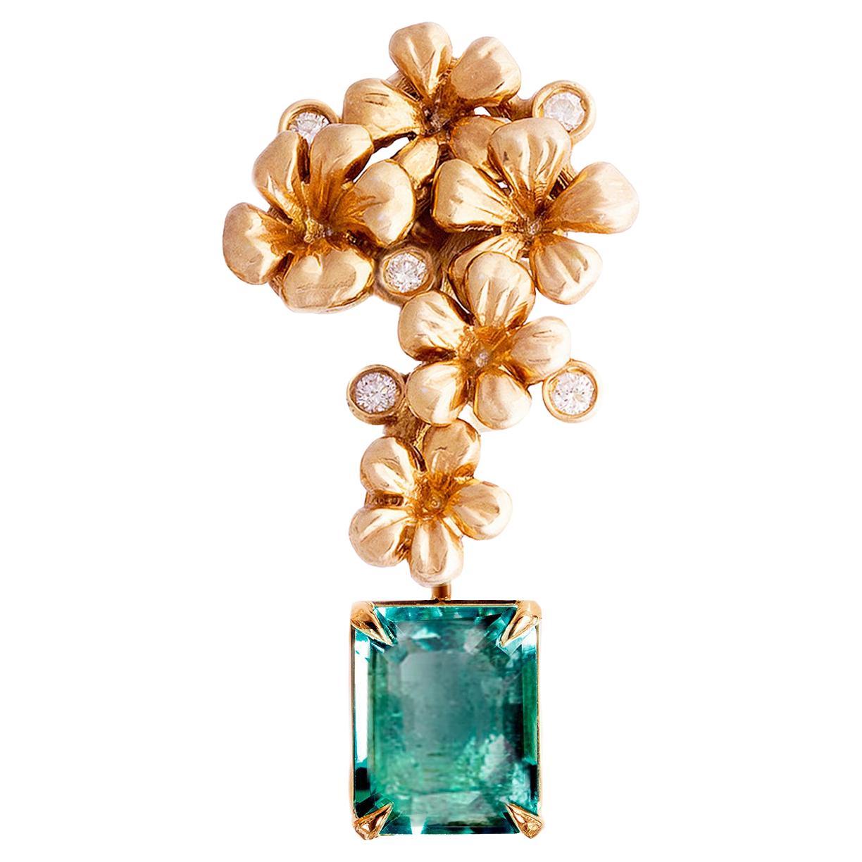 Modern Style Brooch in 18 Karat Rose Gold with Natural Emerald and Diamonds
