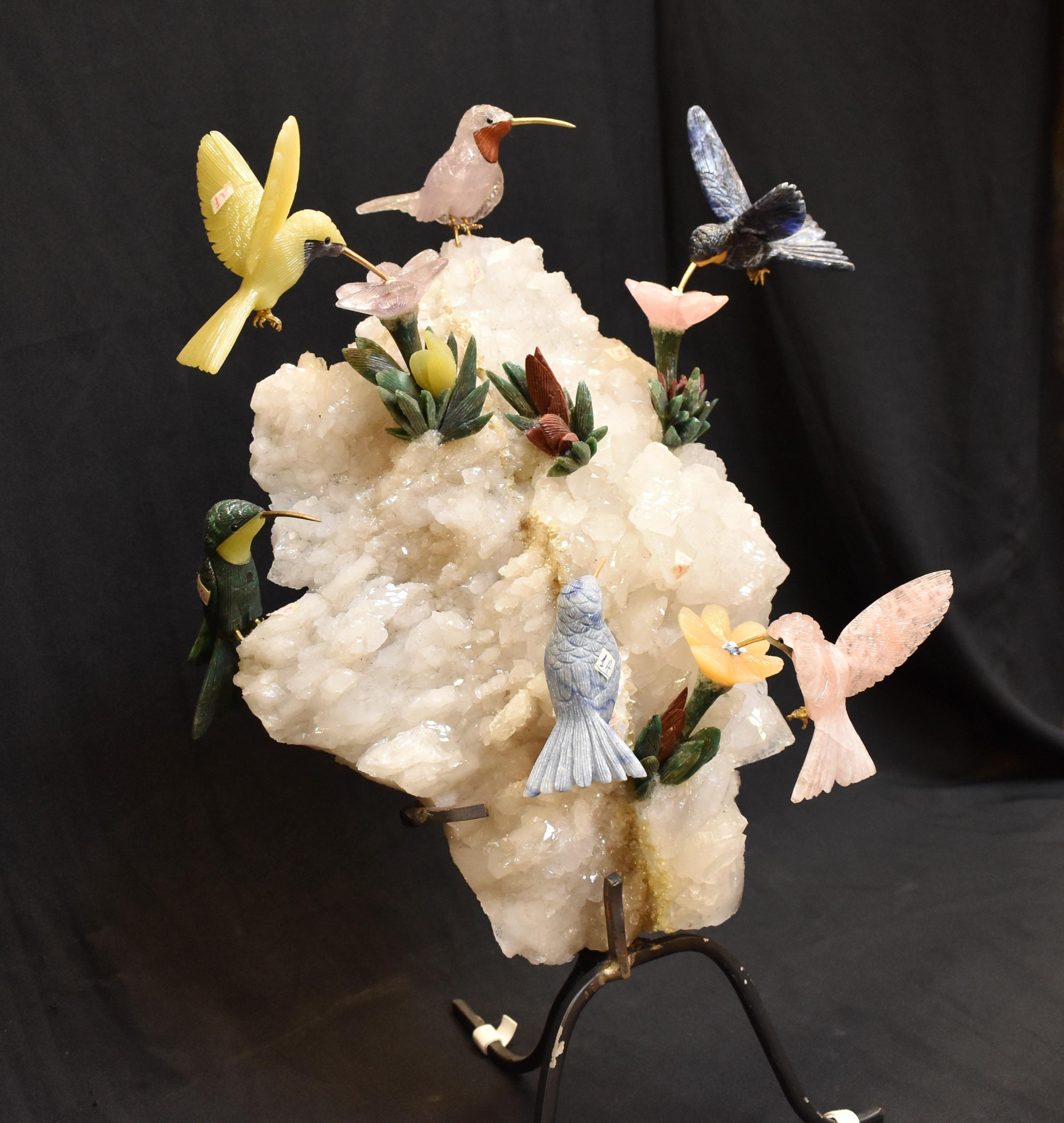 Modern Style Carved Gemstones Humming Bird Group In Distressed Condition For Sale In Cypress, CA