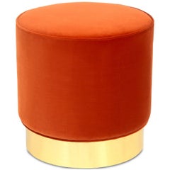 Modern Style Chubby Ottoman in Paprika Velvet with Polished Brass Toekick