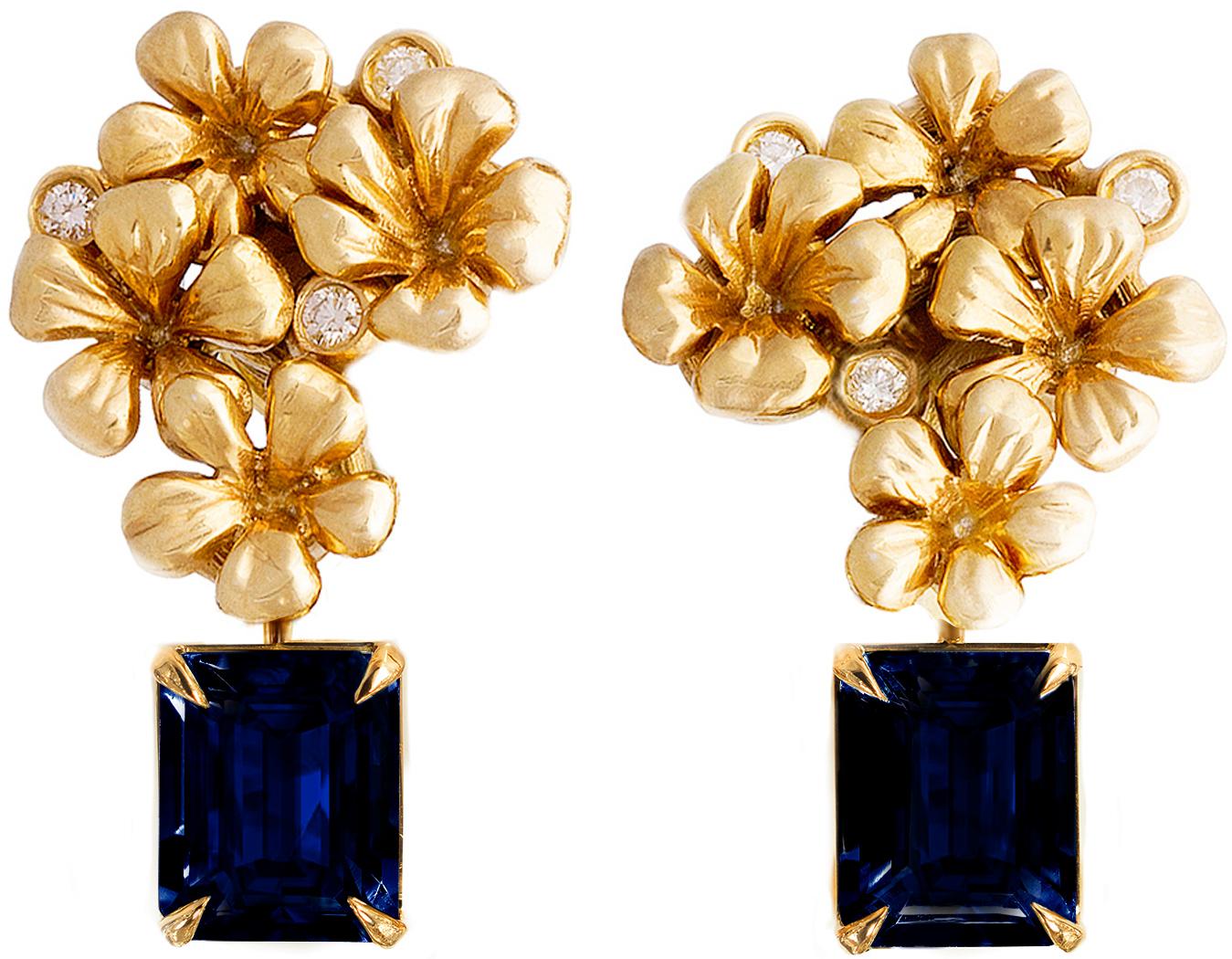 These modern style 18 karat yellow gold cocktail clip-on earrings are encrusted with 6 round diamonds and detachable natural sapphires, 5,6 carats in total, 10,2x6 mm each, octagon cut. This jewellery collection was featured in Vogue UA review in