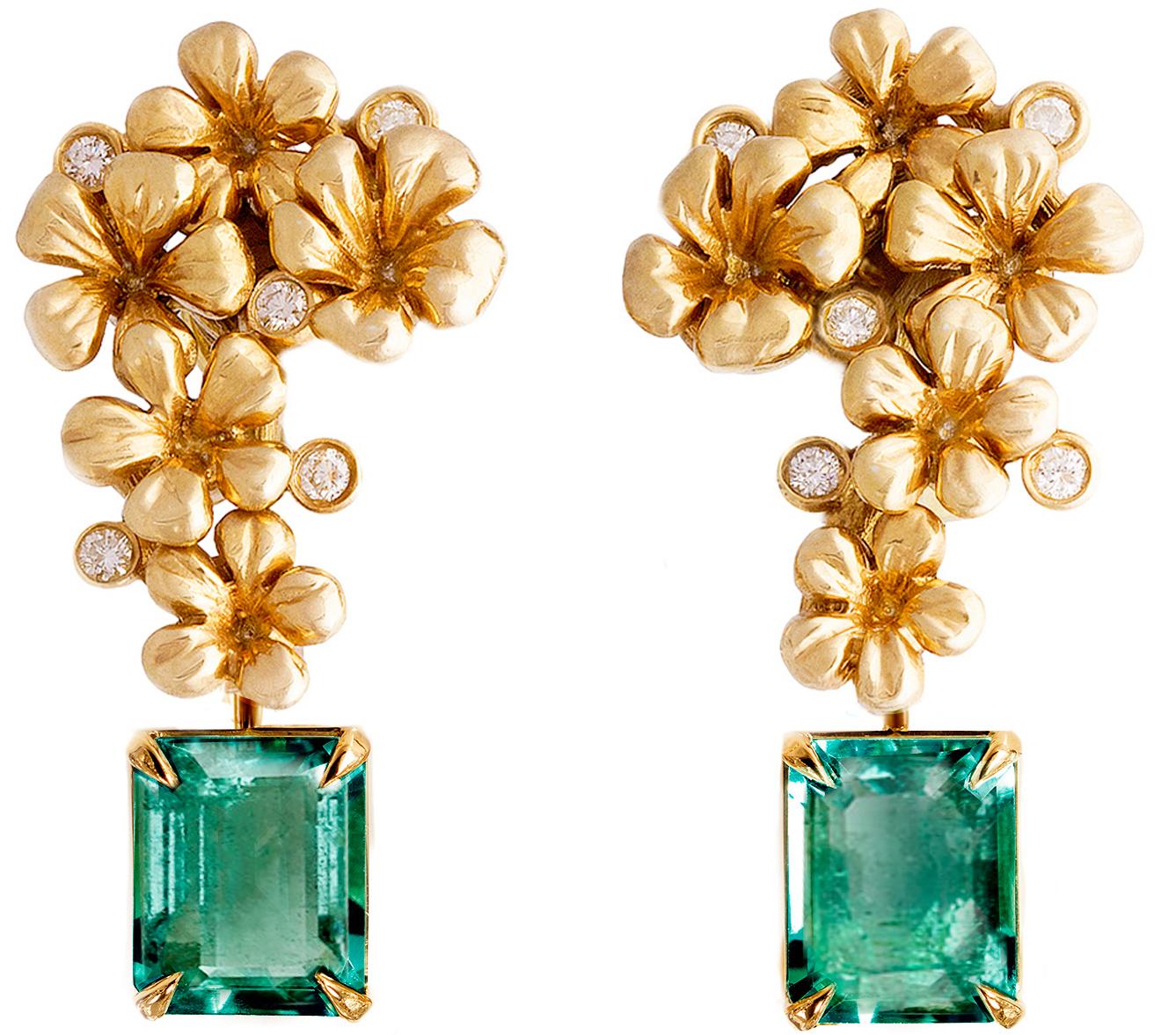 These modern-style 18-karat yellow gold cocktail clip-on earrings are encrusted with 10 round diamonds and detachable natural emeralds, totaling 3.85 carats and measuring 0.35 x 0.23 inches / 8.5 x 6.7 mm each. This jewelry collection was featured
