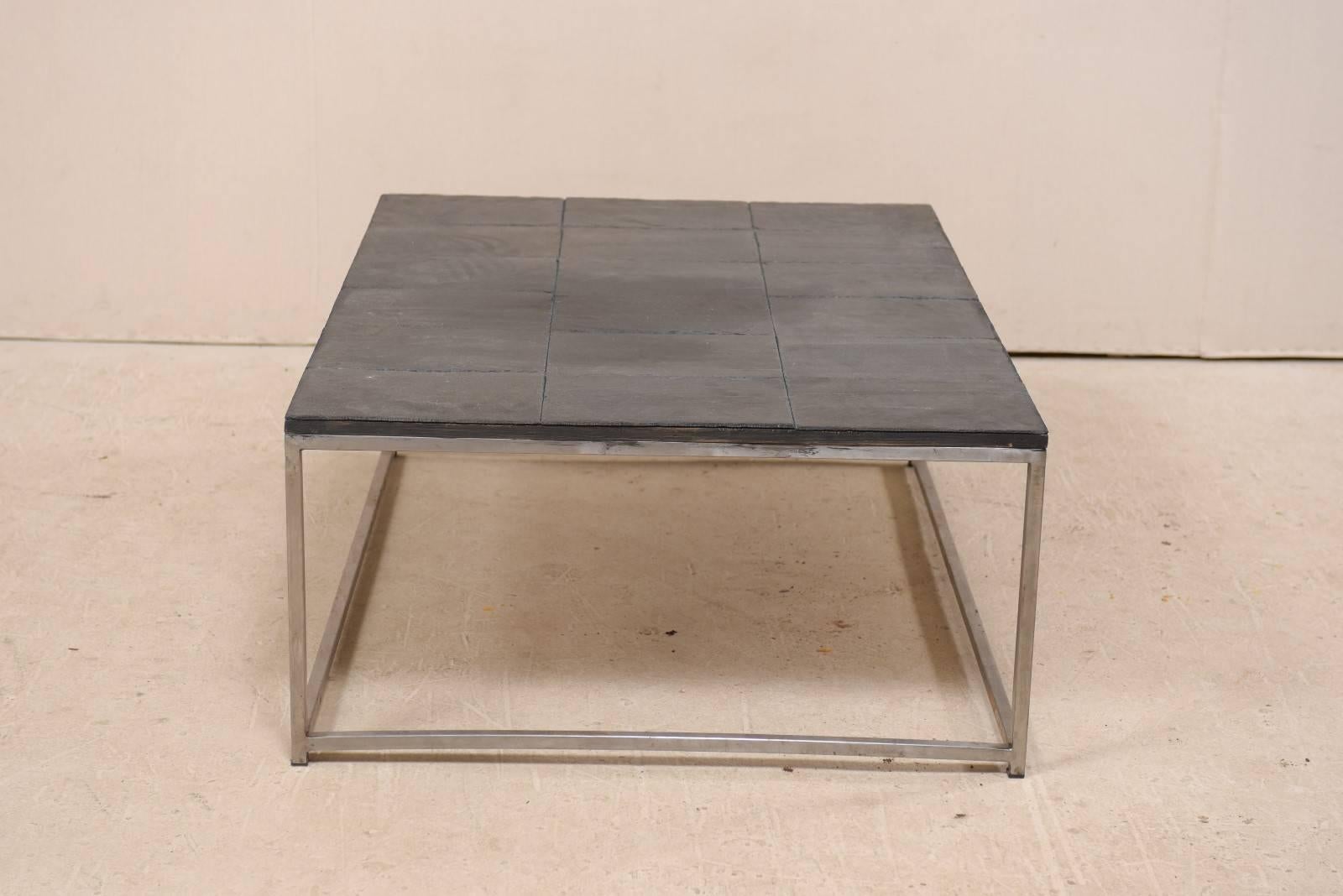 Modern Style Coffee Table with Slate Tiled Top and Stylish Custom Metal Base In Good Condition For Sale In Atlanta, GA