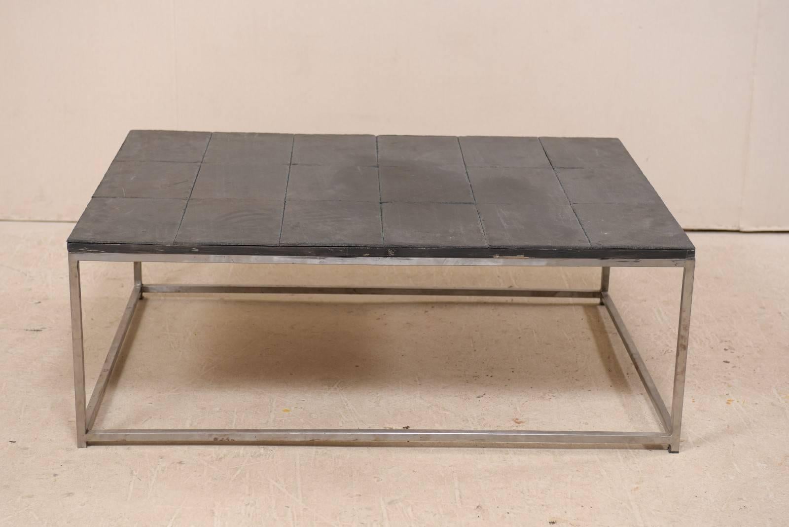 Contemporary Modern Style Coffee Table with Slate Tiled Top and Stylish Custom Metal Base For Sale
