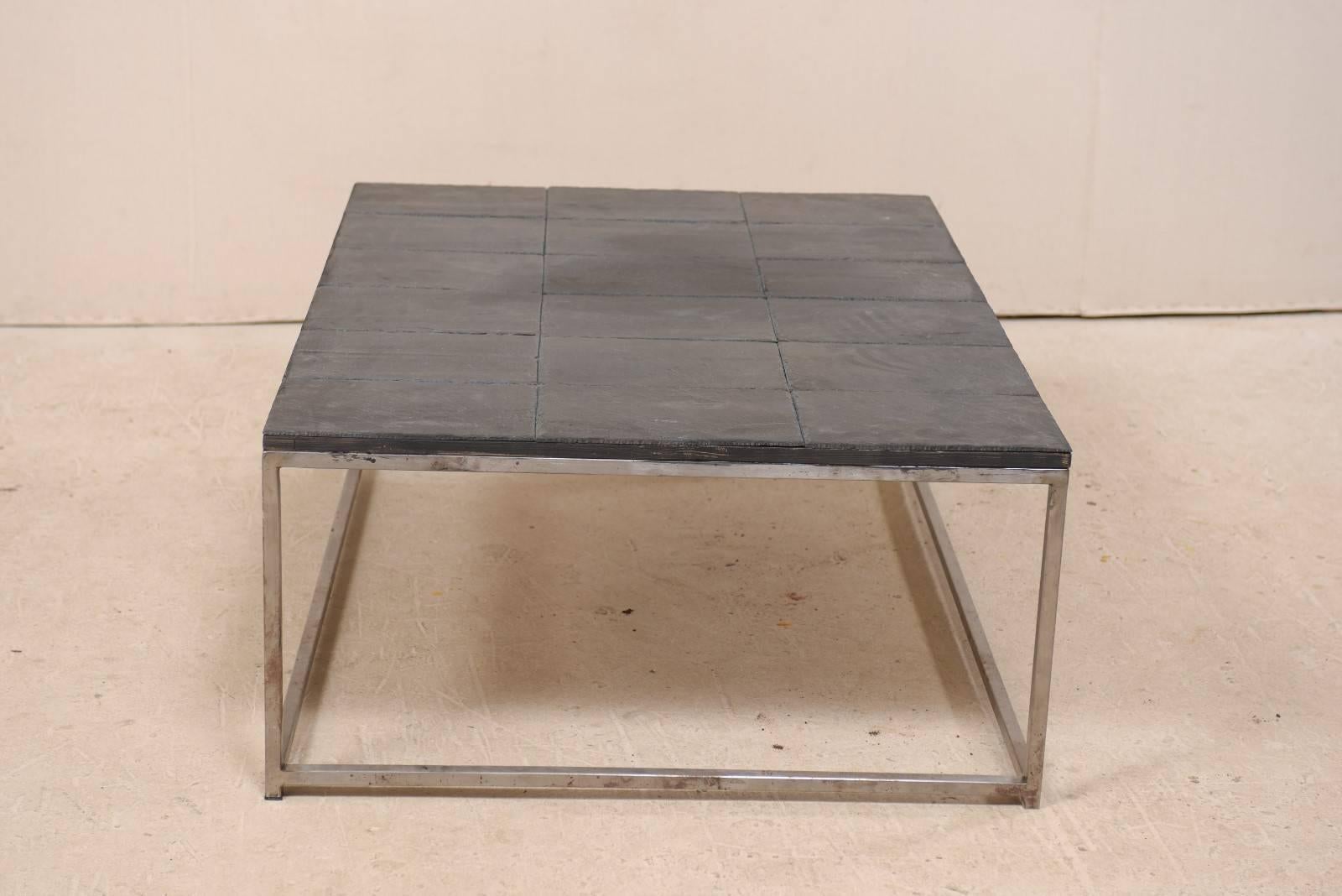 Modern Style Coffee Table with Slate Tiled Top and Stylish Custom Metal Base For Sale 1