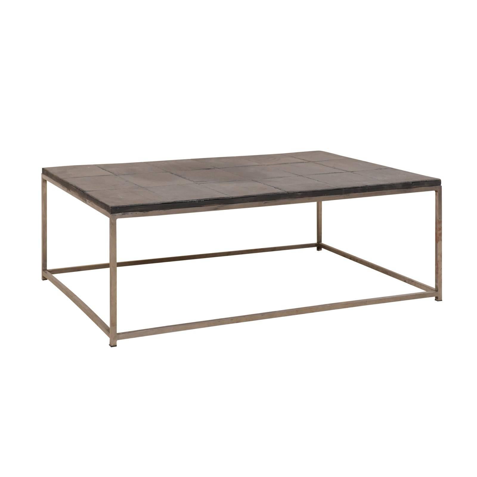 Modern Style Coffee Table with Slate Tiled Top and Stylish Custom Metal Base For Sale