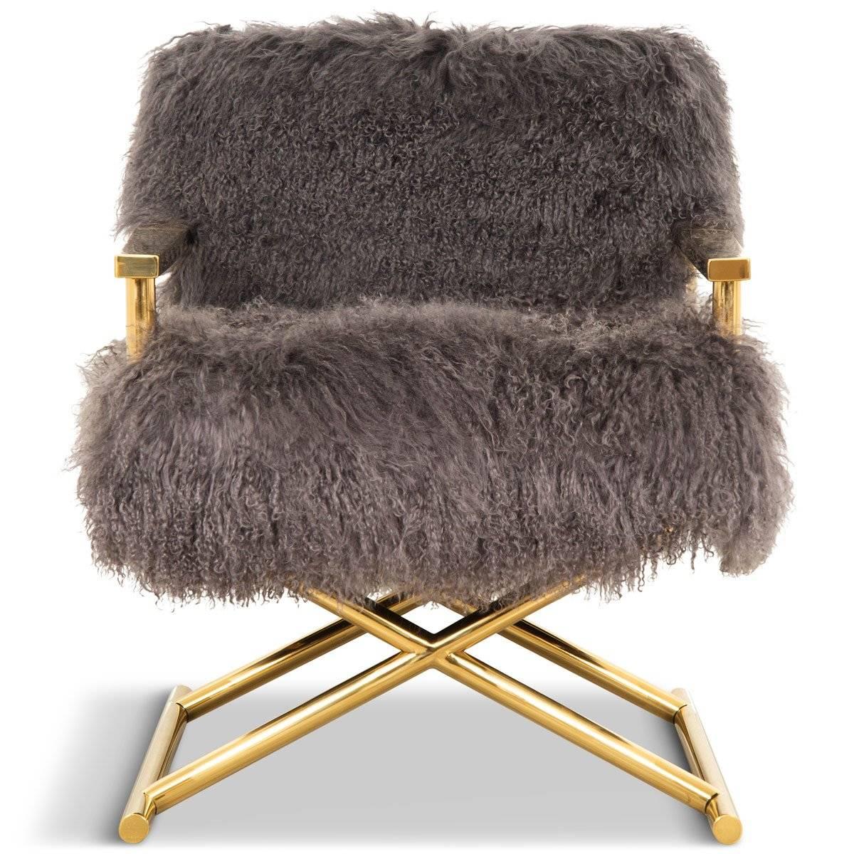 American Modern Style Directors Chair Ivory or Charcoal Mongolian Fur & Solid Brass Frame